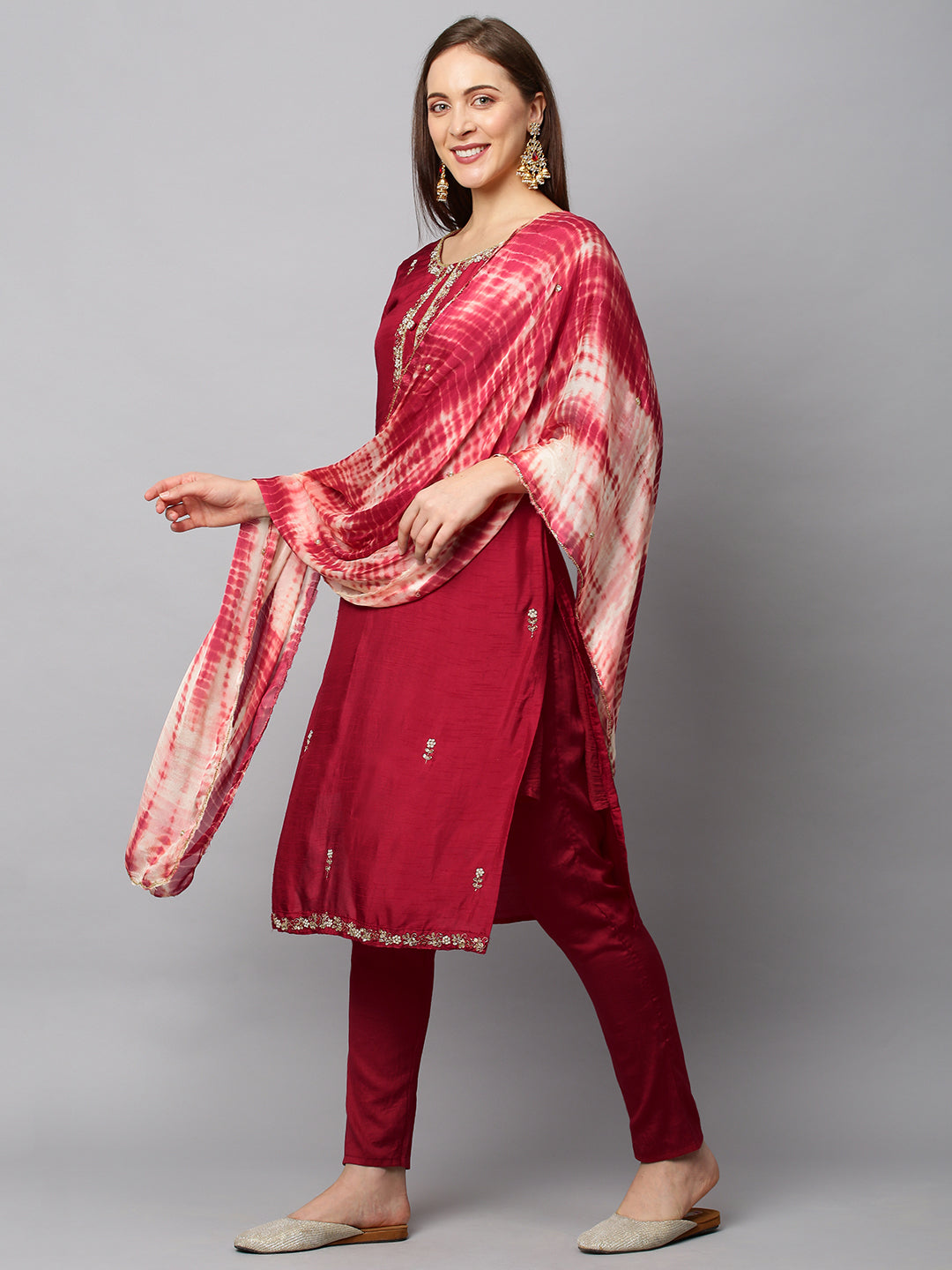 Floral Hand Embroidered Straight Fit Kurta with Pants & Dupatta - Red