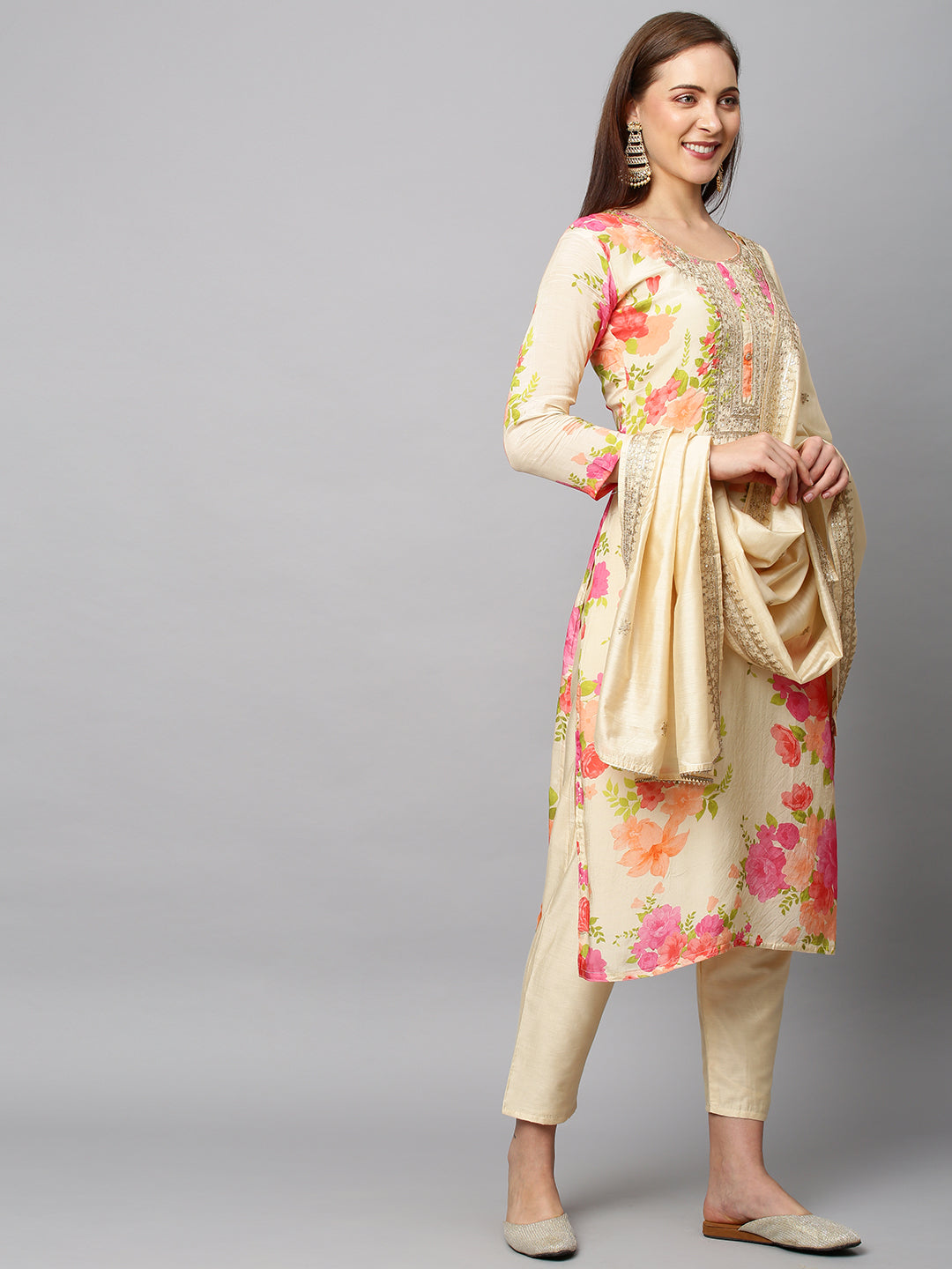 Floral Printed & Embroidered Kurta with Pants & Dupatta - Cream