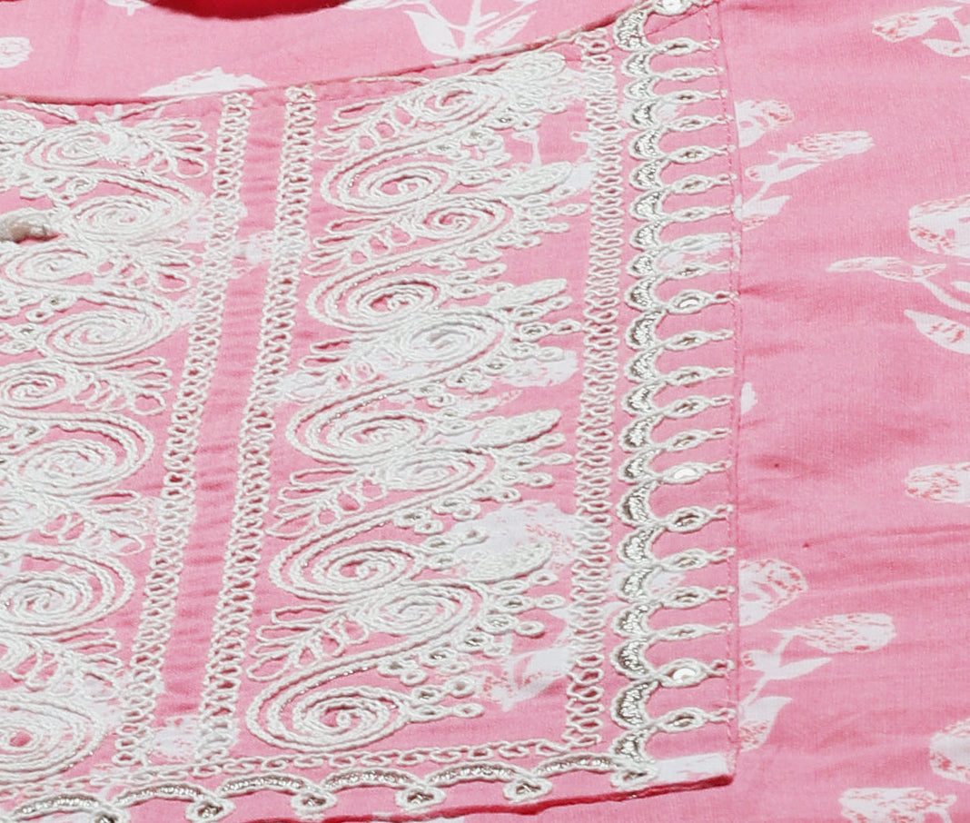 Floral Printed & Embroidered Straight Fit Kurta - Pink