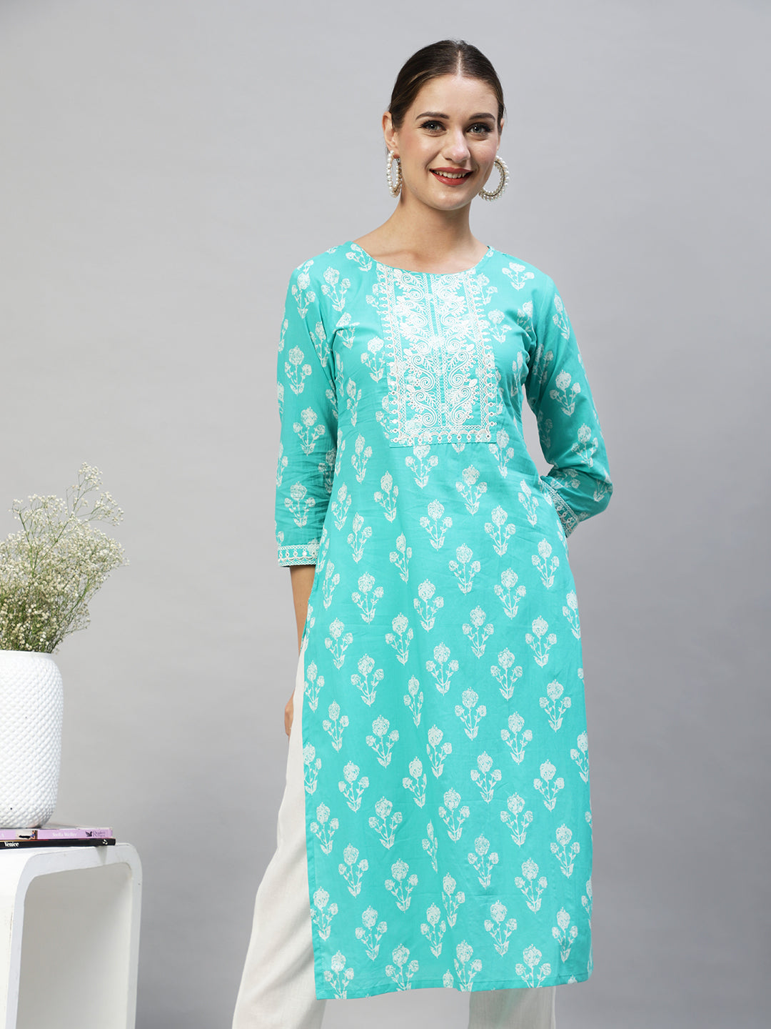 Floral Printed & Embroidered Straight Fit Kurta - Turquoise
