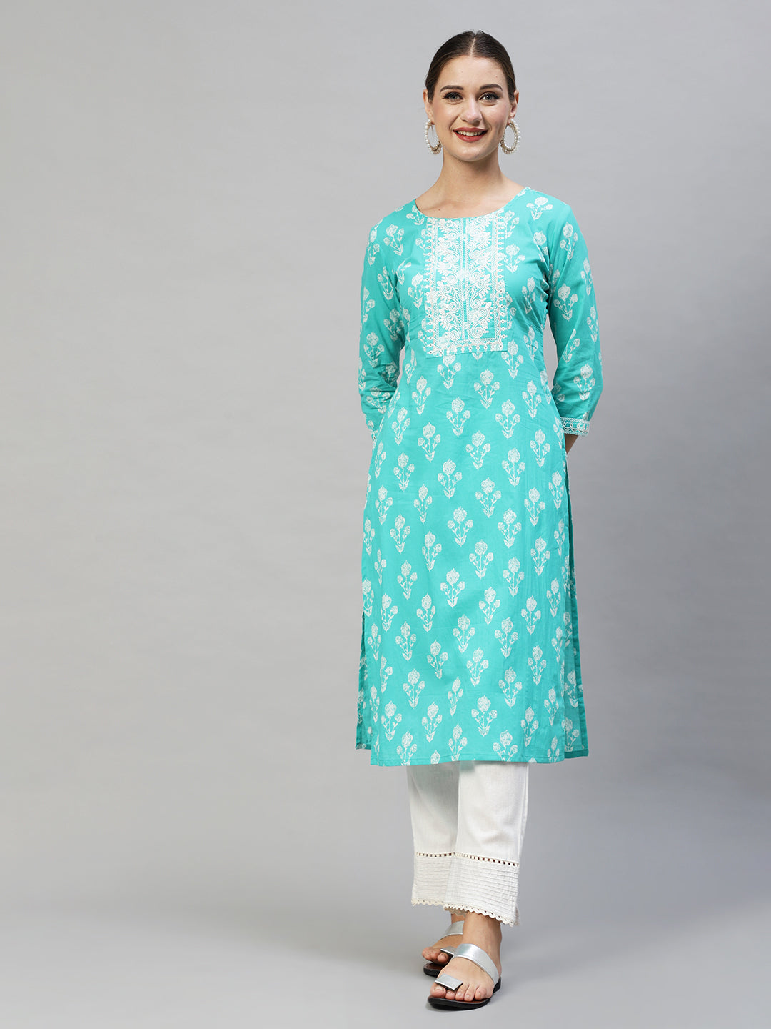 Floral Printed & Embroidered Straight Fit Kurta - Turquoise