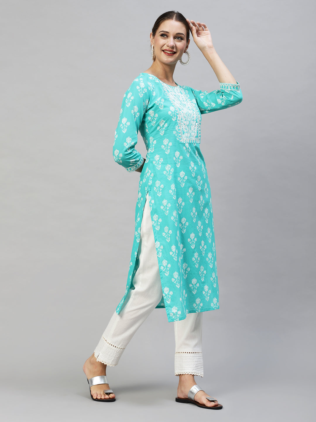 Floral Printed & Embroidered Straight Fit Kurta - Turquoise