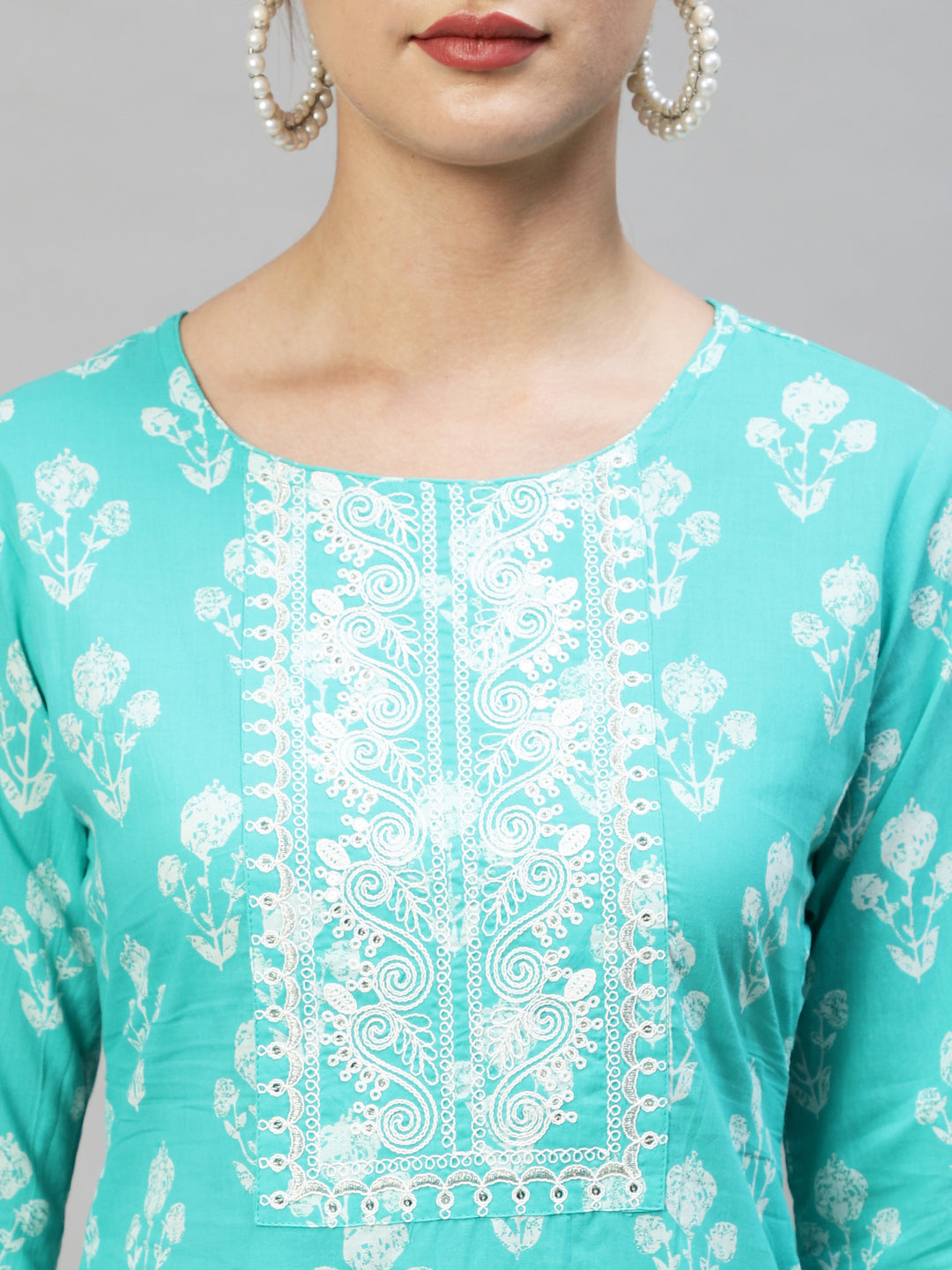 Floral Printed & Embroidered Straight Fit Kurta - Turquoise