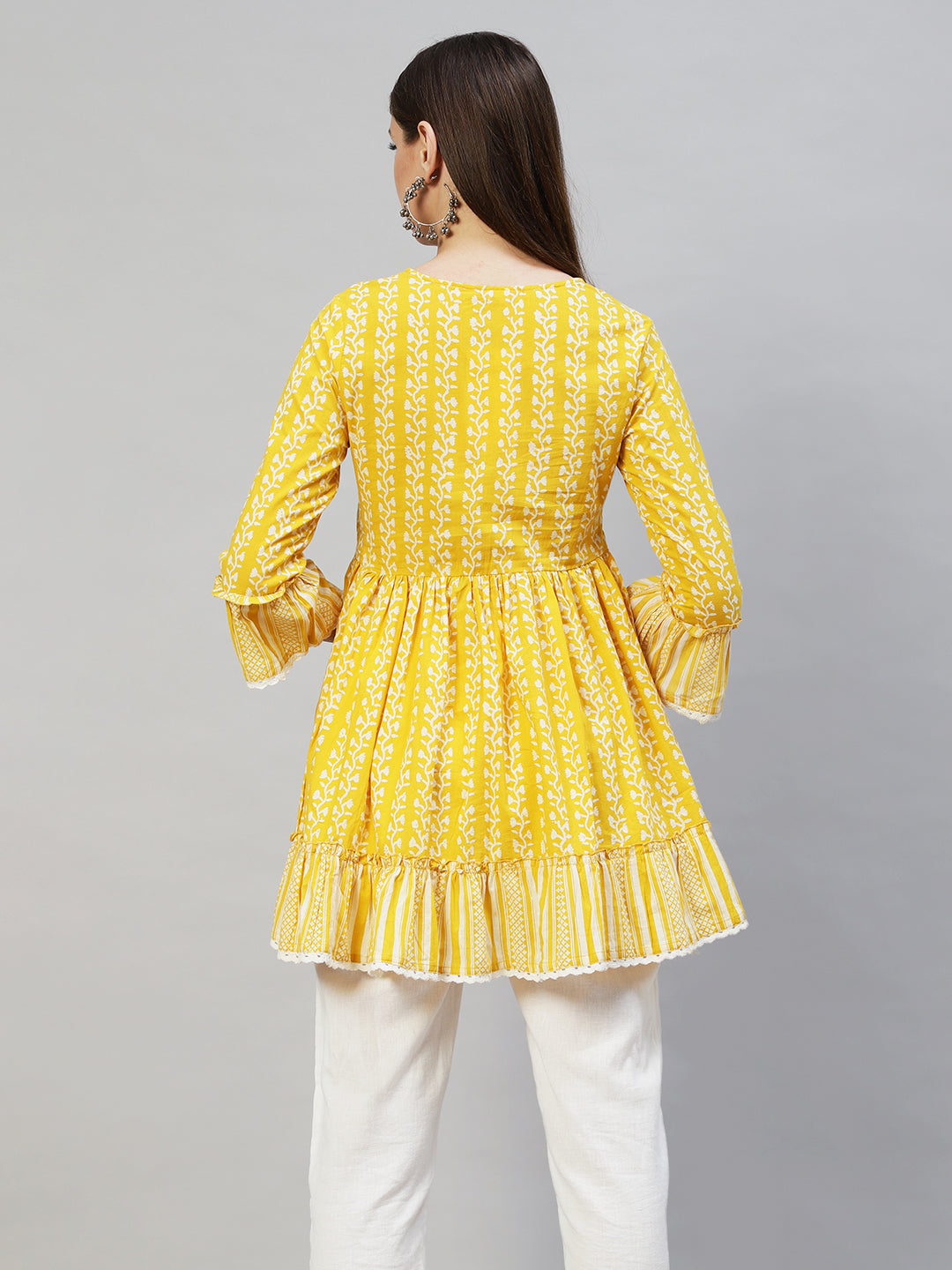Floral Printed & Hand Embroidered Peplum Flare Top - Yellow