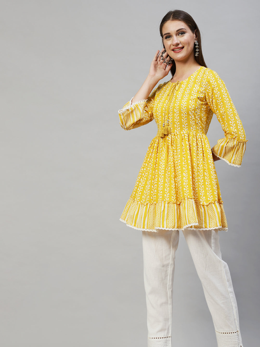 Floral Printed & Hand Embroidered Peplum Flare Top - Yellow