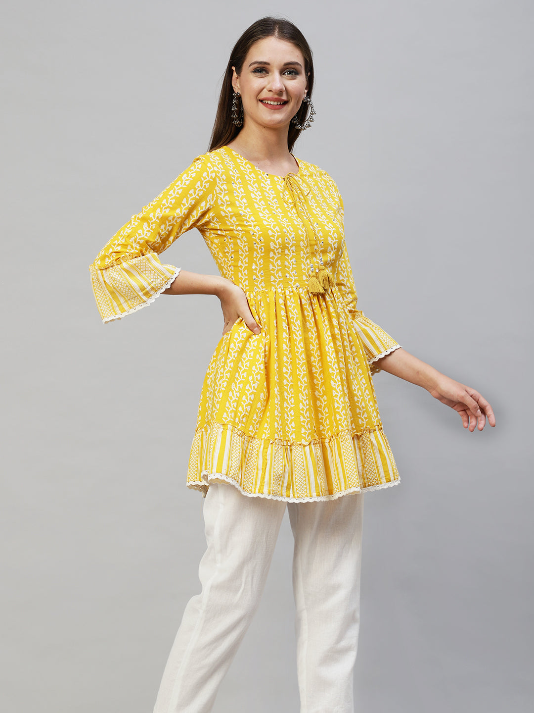 Floral Printed & Hand Embroidered Peplum Flare Top - Yellow