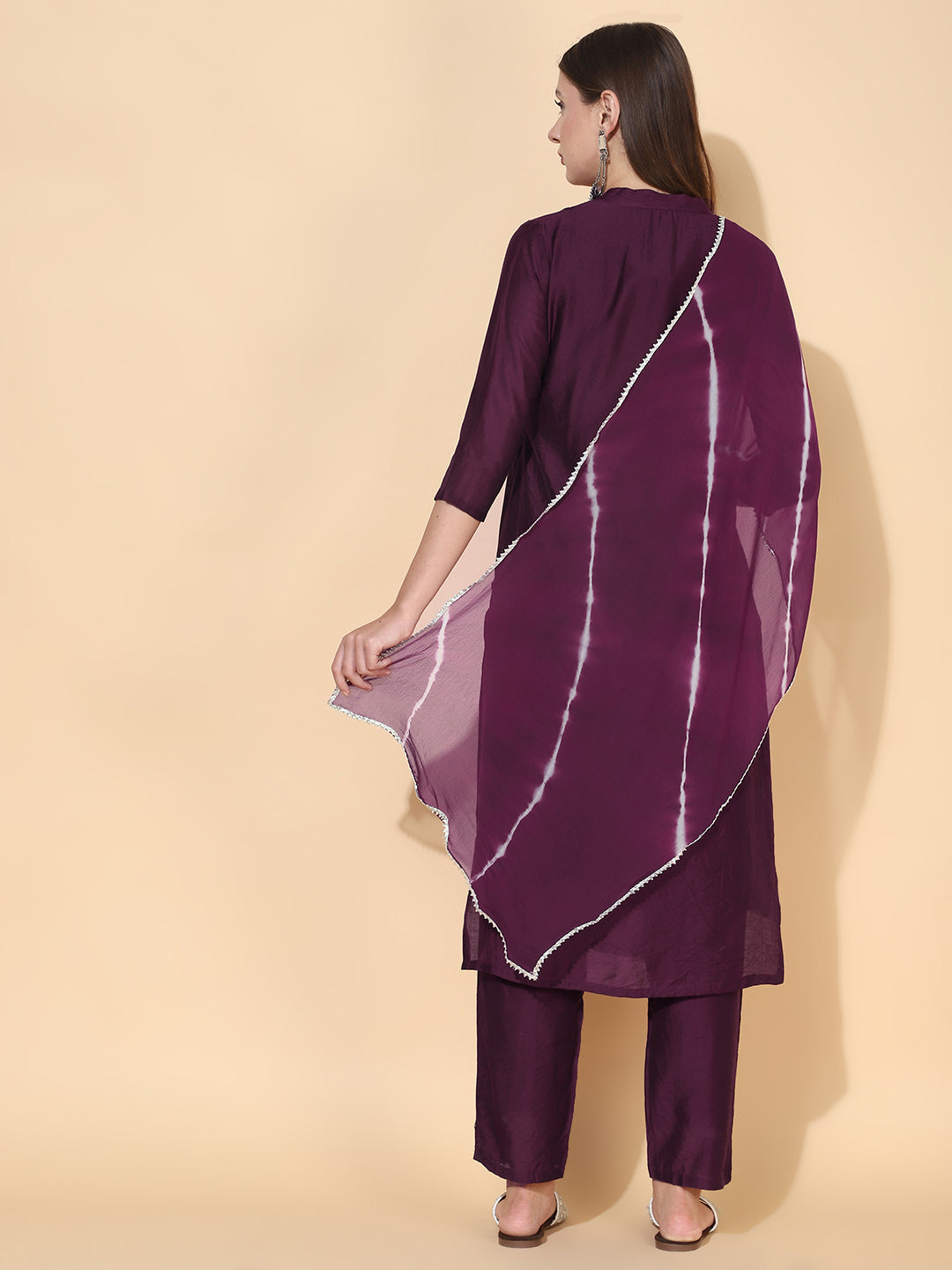 Ethnic Embroidered Straight Fit Kurta with Pants & Dupatta - Wine