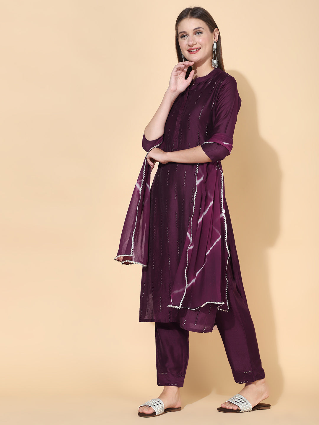 Ethnic Embroidered Straight Fit Kurta with Pants & Dupatta - Wine
