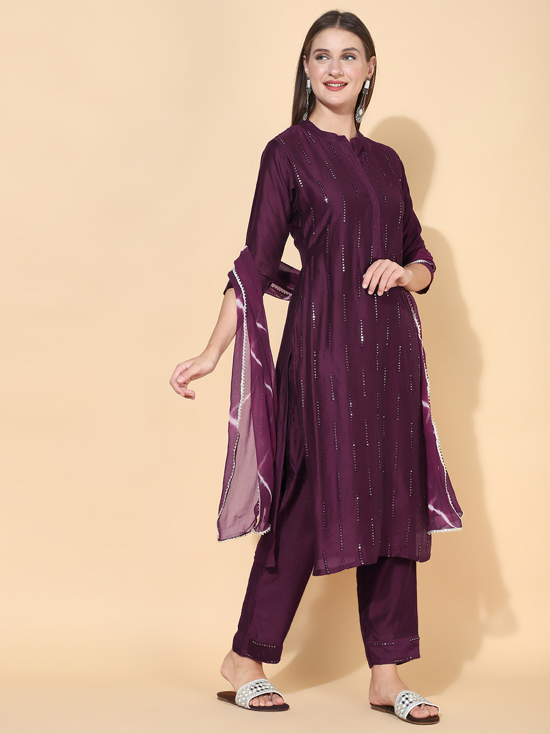 Ethnic Embroidered Straight Fit Kurta with Pants & Dupatta - Wine