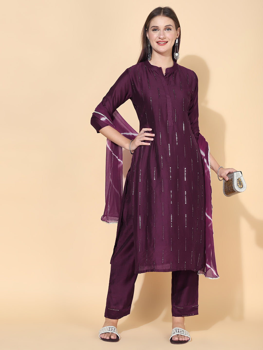 Ethnic Embroidered Straight Fit Kurta with Pants & Dupatta - Wine