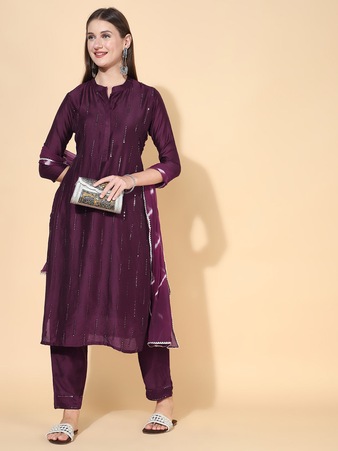 Ethnic Embroidered Straight Fit Kurta with Pants & Dupatta - Wine
