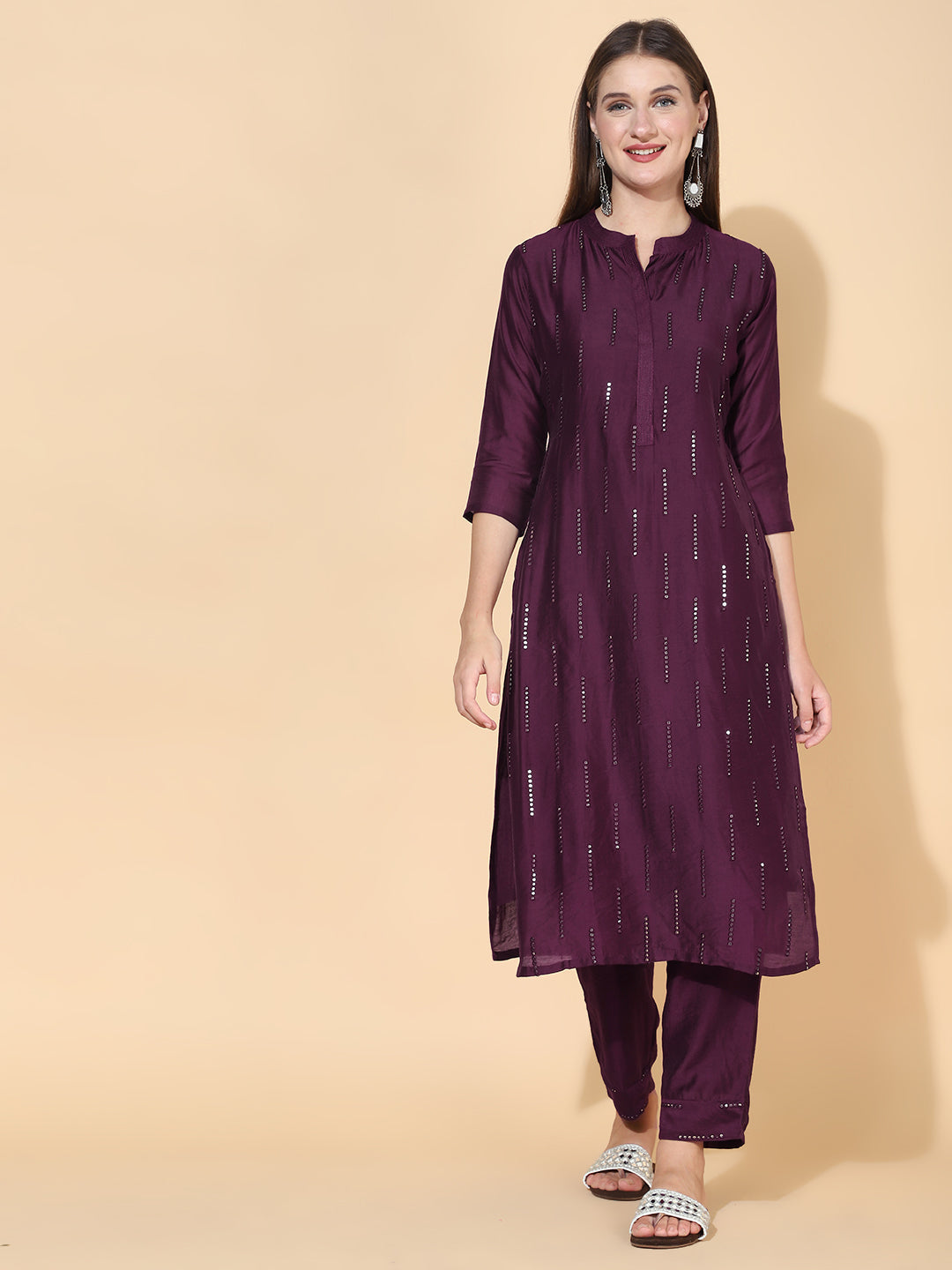 Ethnic Embroidered Straight Fit Kurta with Pants & Dupatta - Wine