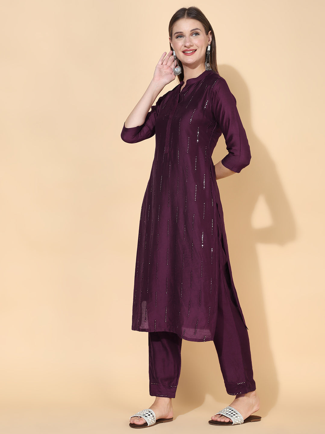 Ethnic Embroidered Straight Fit Kurta with Pants & Dupatta - Wine