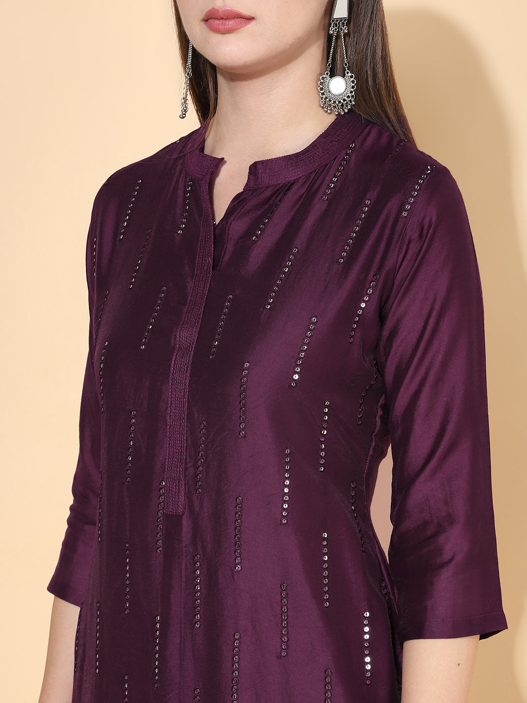 Ethnic Embroidered Straight Fit Kurta with Pants & Dupatta - Wine