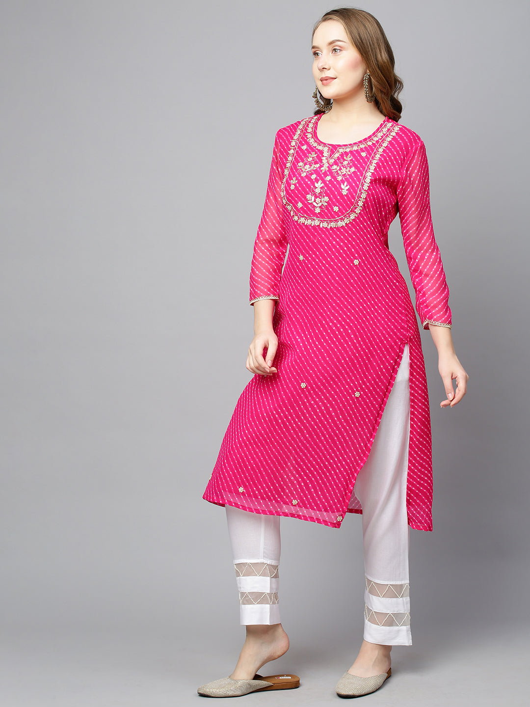 Leheriya Printed & Hand Embroidered Straight Fit Kurta - Hot Pink