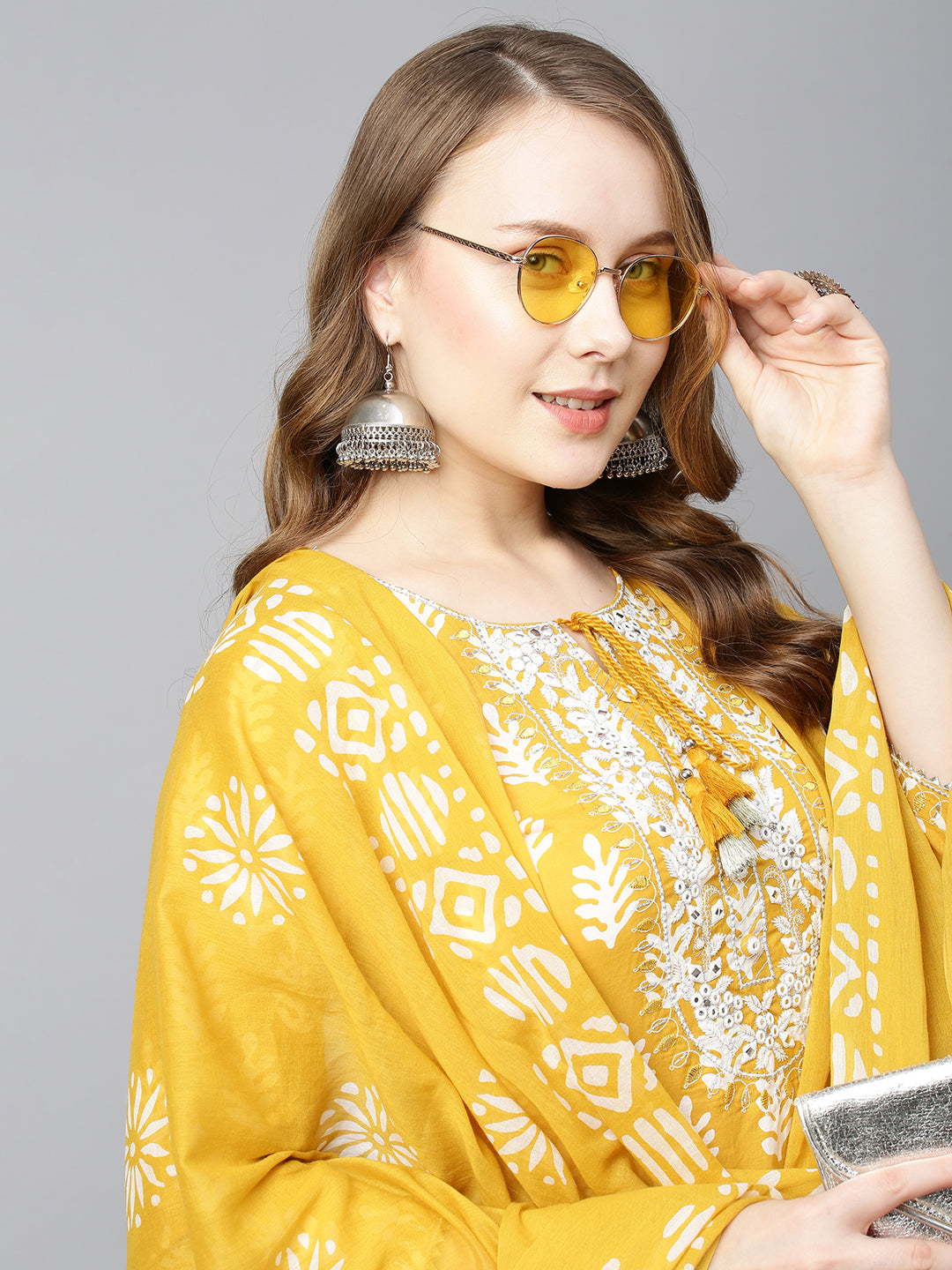 Ethnic Printed & Embroidered Straight Kurta with Pants & Dupatta - Mustard