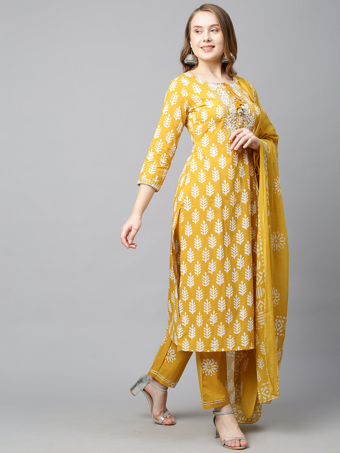 Ethnic Printed & Embroidered Straight Kurta with Pants & Dupatta - Mustard