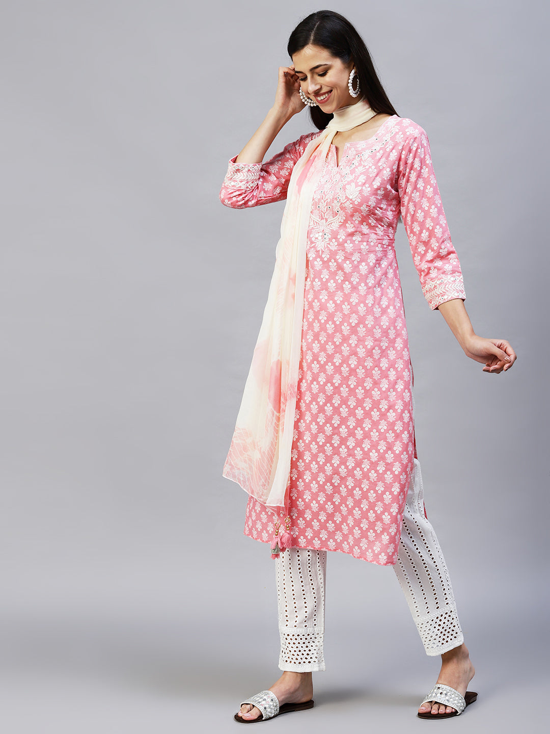 Floral Printed & Embroidered Straight Kurta with Pants & Dupatta - Pink