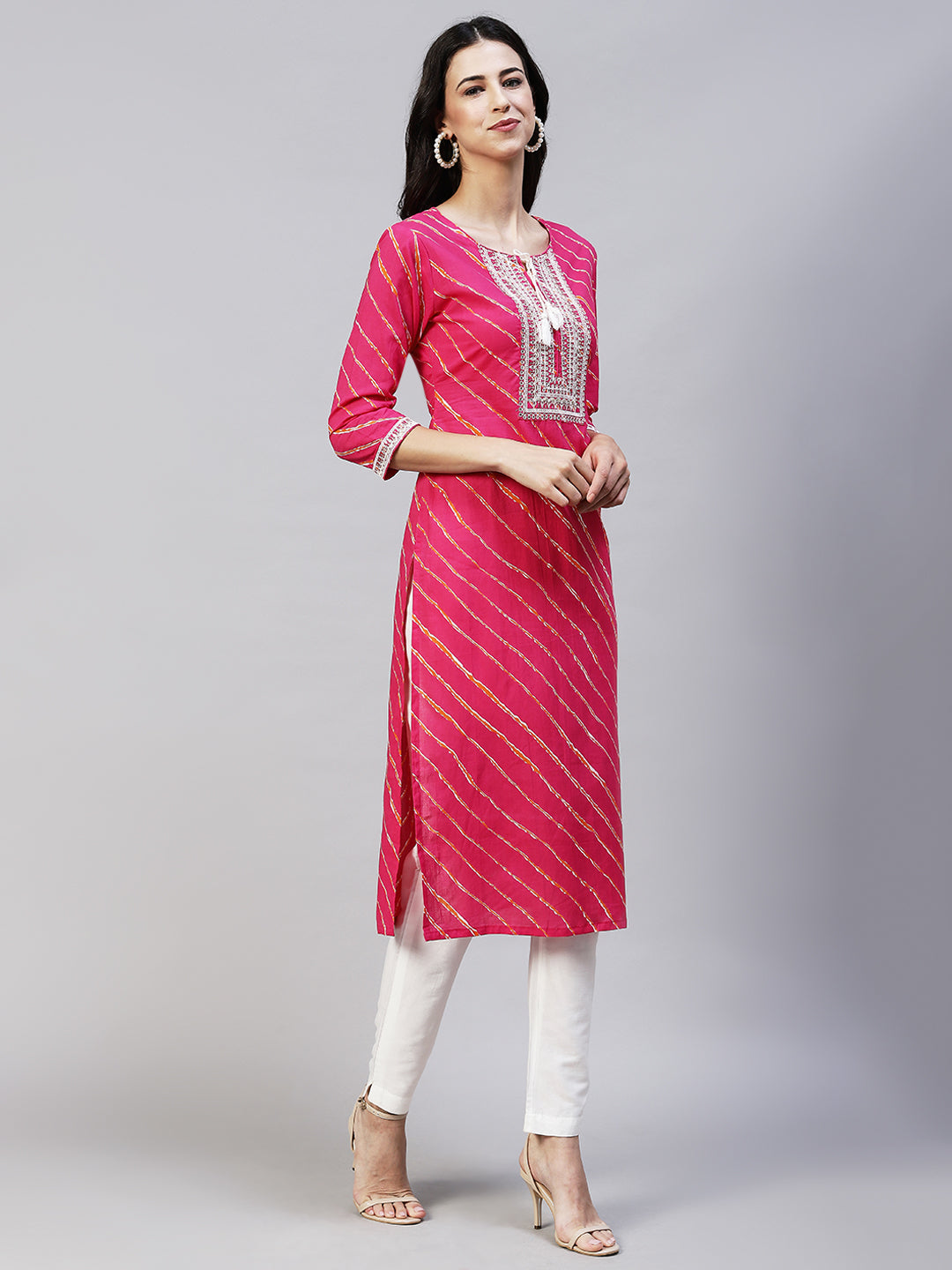 Leheriya Printed & Embroidered Straight Fit Kurta - Hot Pink