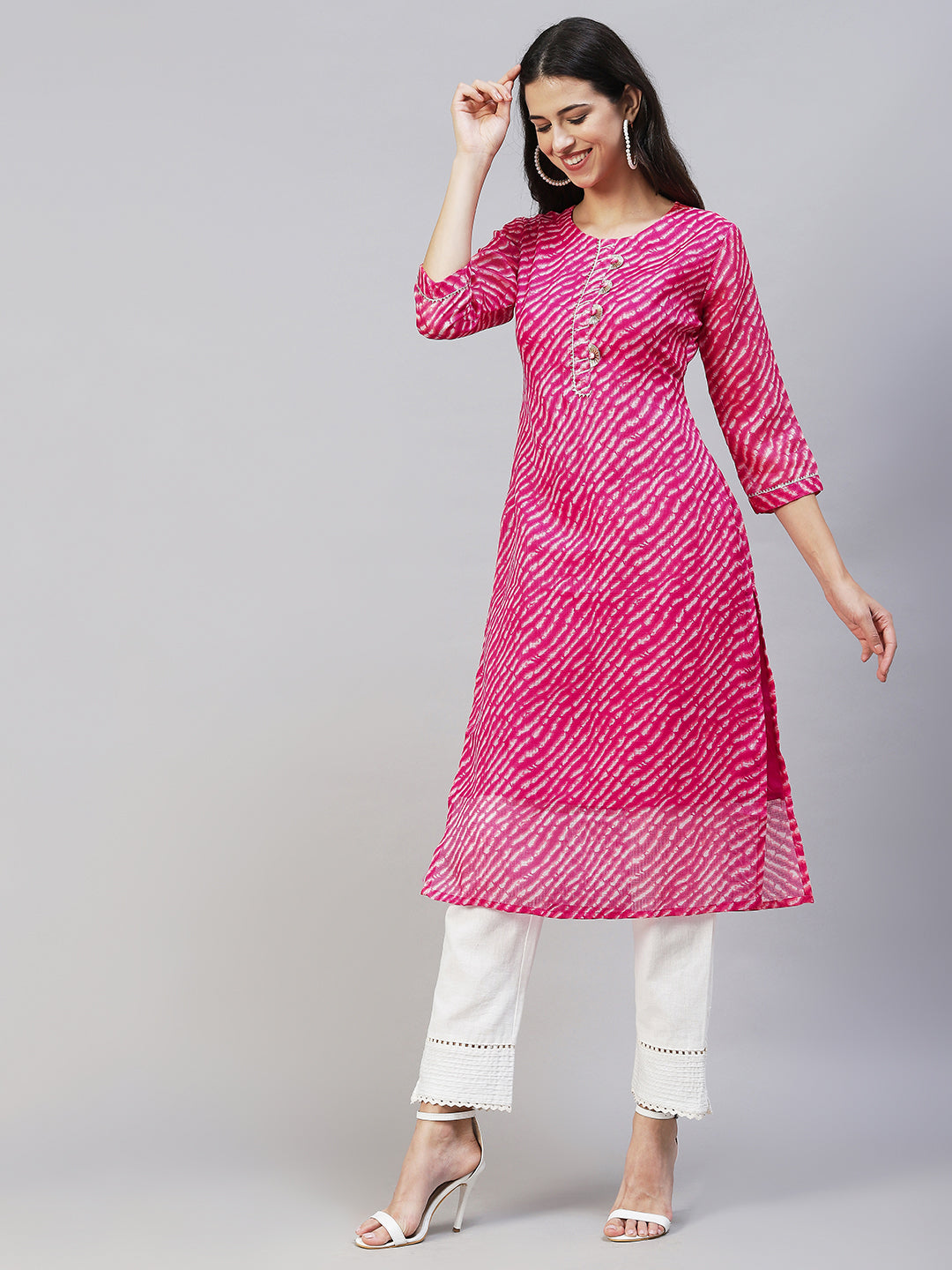 Leheriya Printed & Embroidered Straight Fit Kurta - Hot Pink
