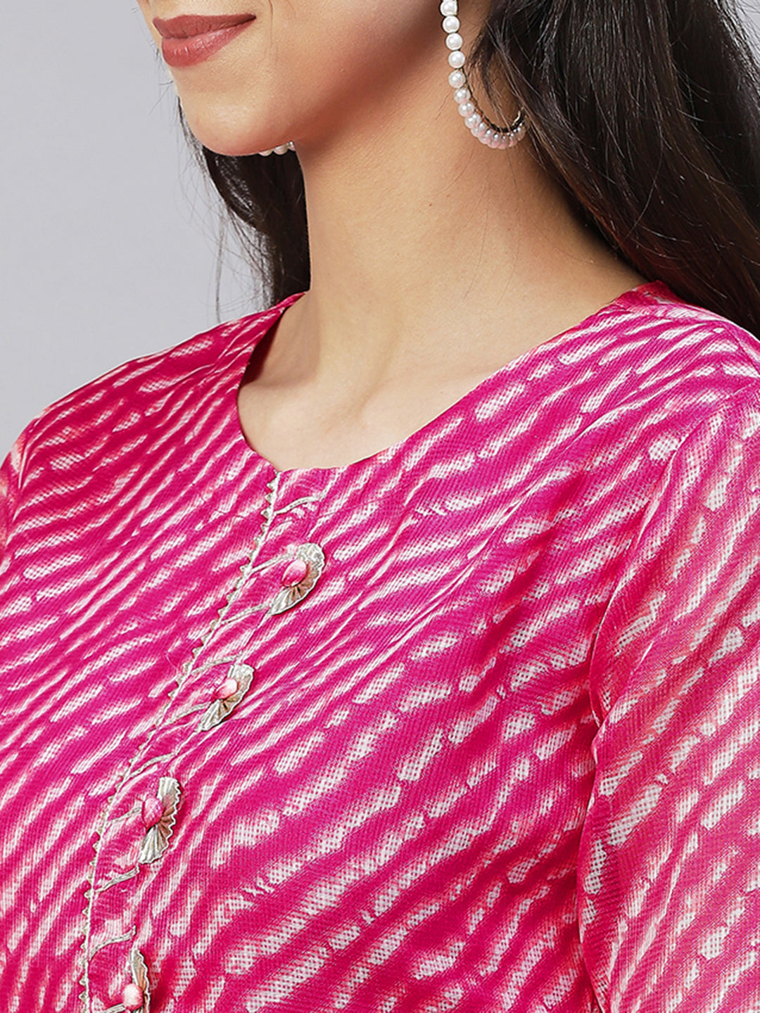 Leheriya Printed & Embroidered Straight Fit Kurta - Hot Pink