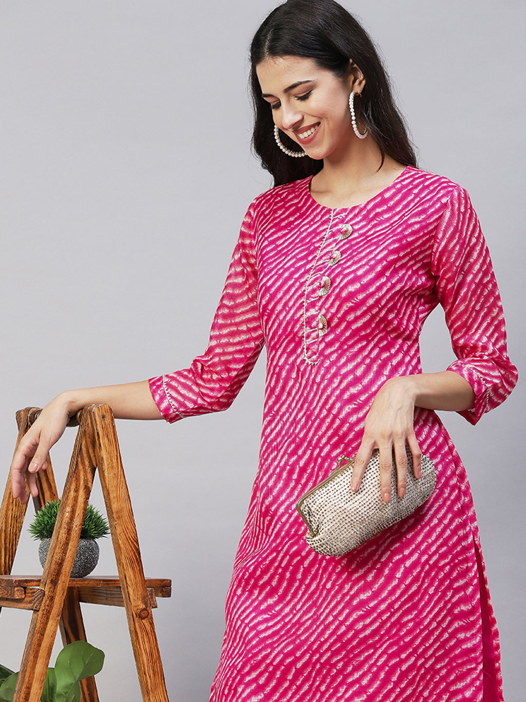 Leheriya Printed & Embroidered Straight Fit Kurta - Hot Pink