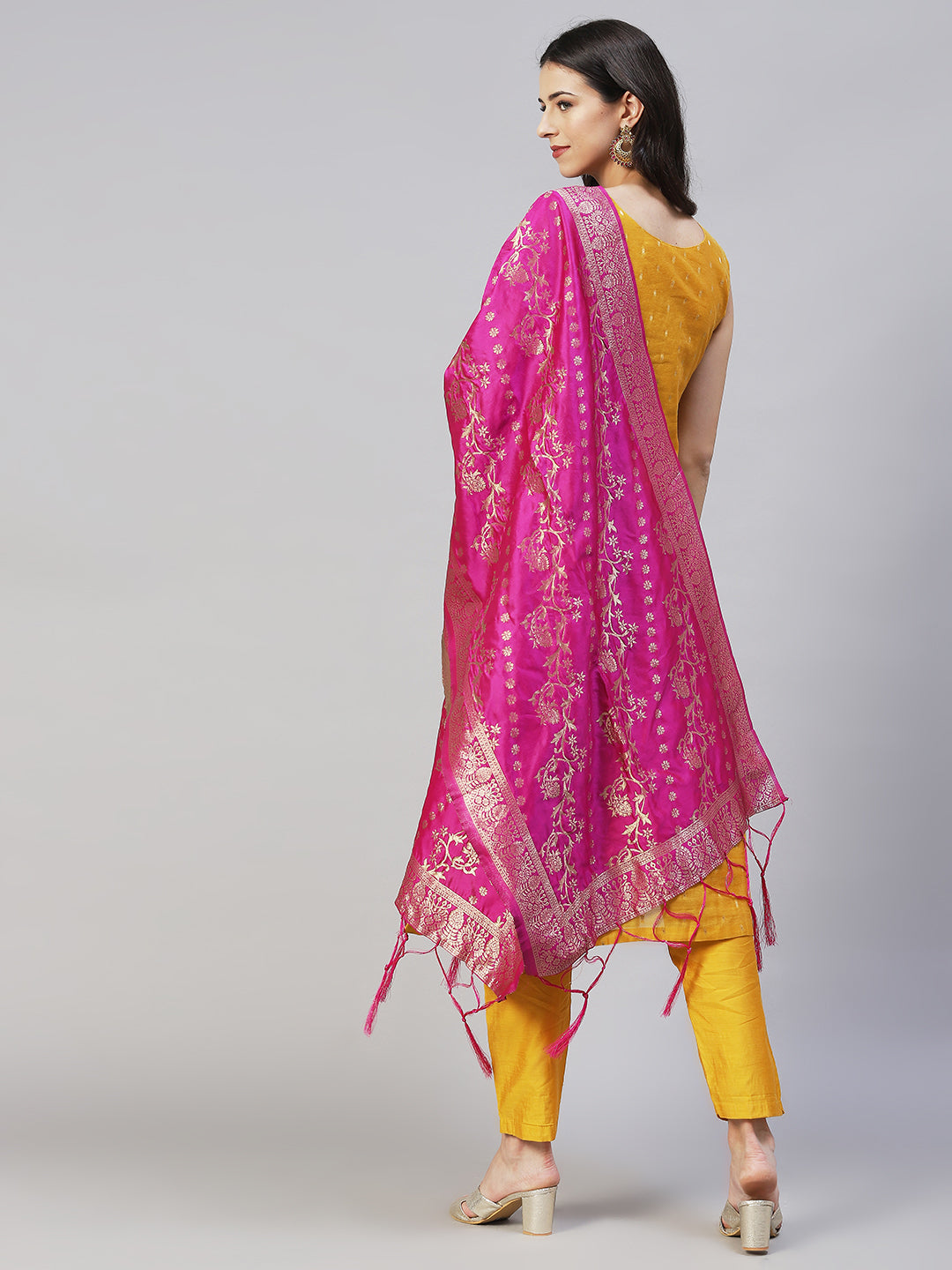 Ethnic Hand Embroidered Straight Kurta with Pants & Dupatta - Yellow
