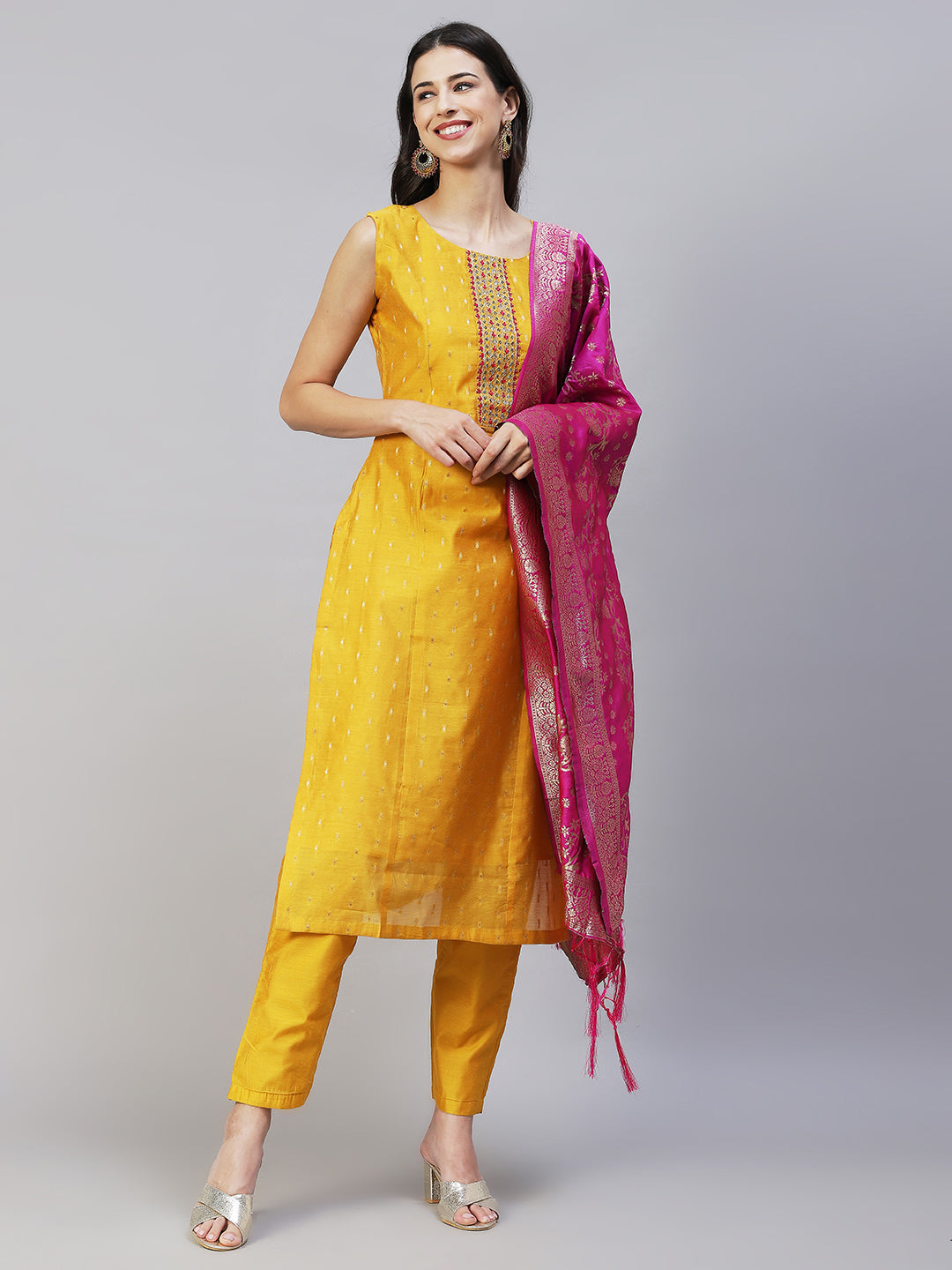 Ethnic Hand Embroidered Straight Kurta with Pants & Dupatta - Yellow