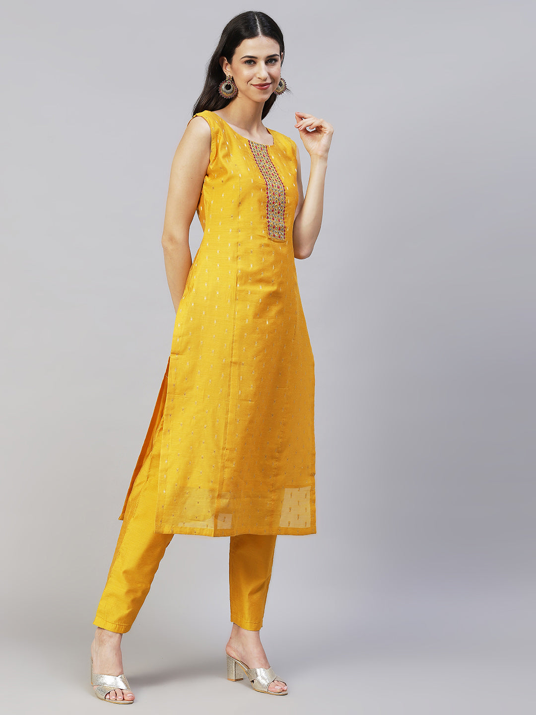 Ethnic Hand Embroidered Straight Kurta with Pants & Dupatta - Yellow