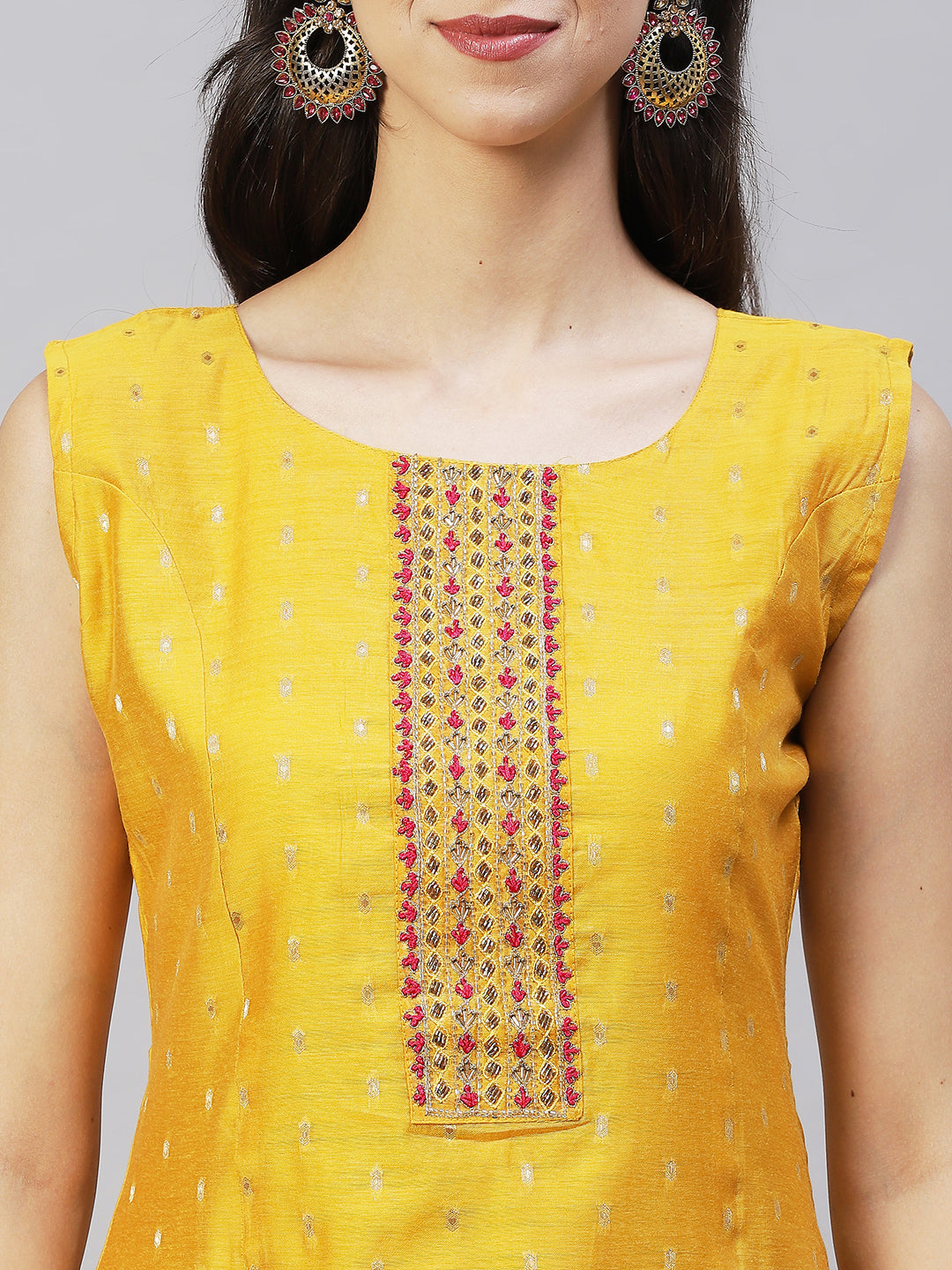 Ethnic Hand Embroidered Straight Kurta with Pants & Dupatta - Yellow