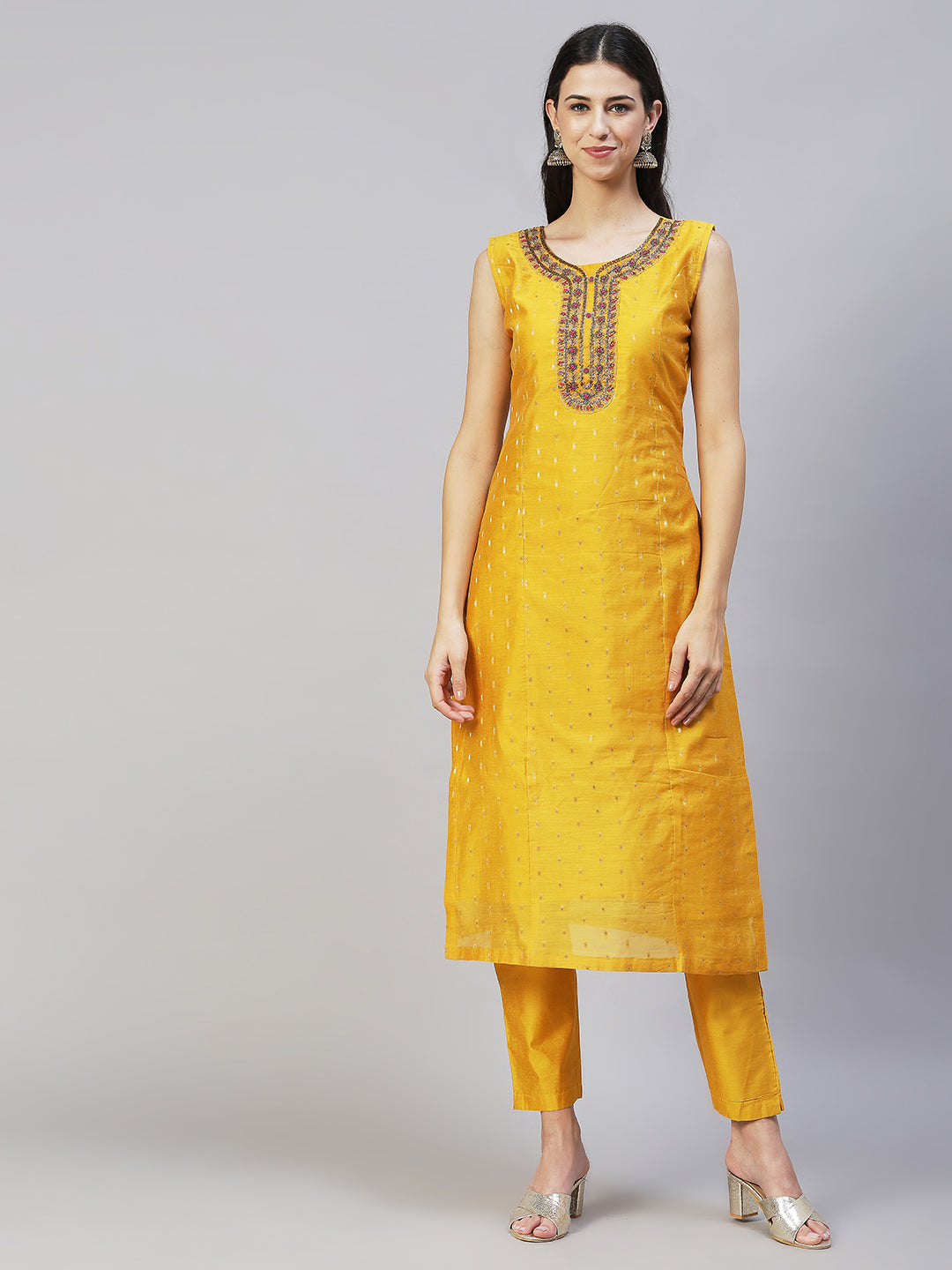Floral Hand Embroidered Kurta with Pants & Dupatta - Yellow