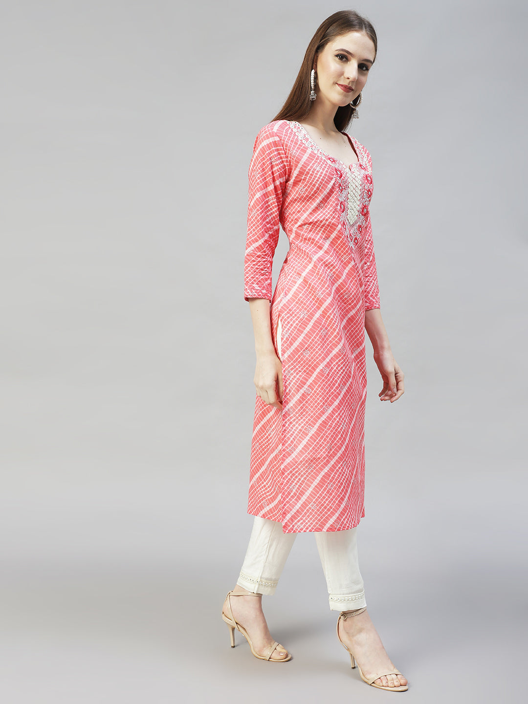 Ethnic Printed & Embroidered Straight Fit Kurta - Peach