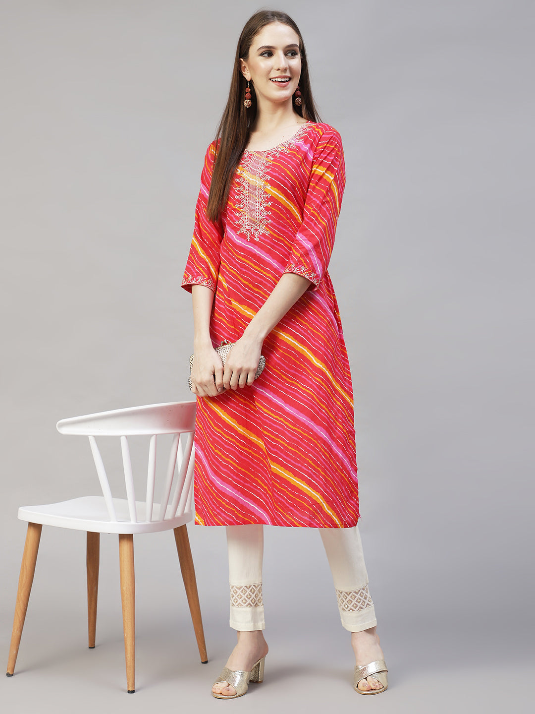 Leheriya Printed & Embroidered Straight Fit Kurta - Multi