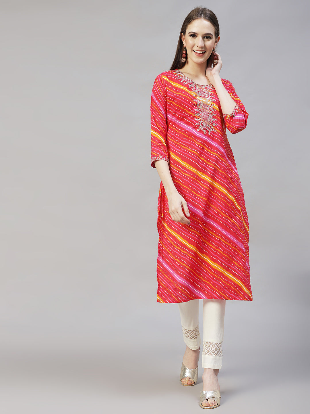 Leheriya Printed & Embroidered Straight Fit Kurta - Multi