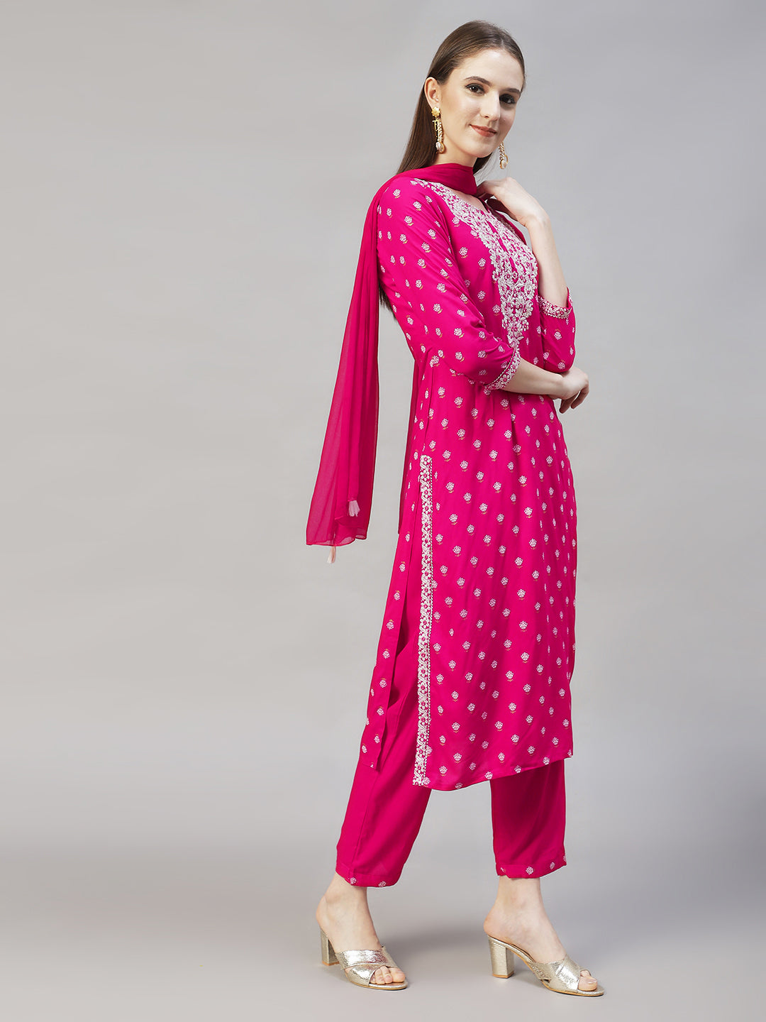 Floral Printed & Embroidered Straight Kurta with Pants & Dupatta - Rani Pink