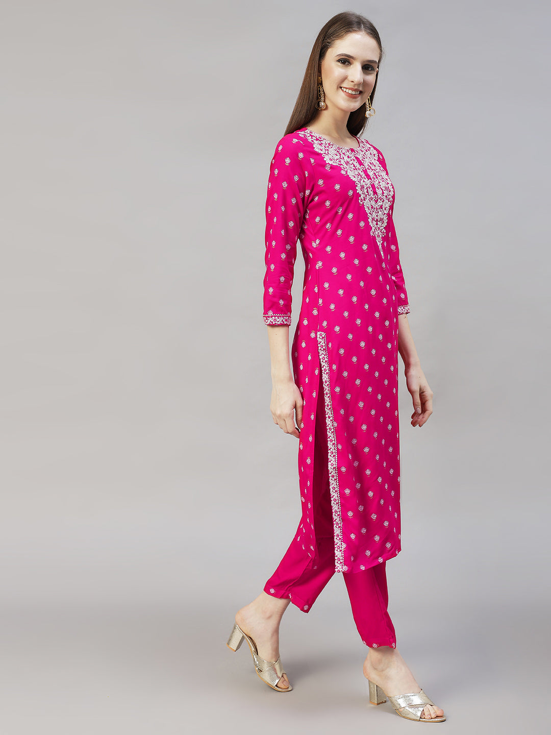 Floral Printed & Embroidered Straight Kurta with Pants & Dupatta - Rani Pink