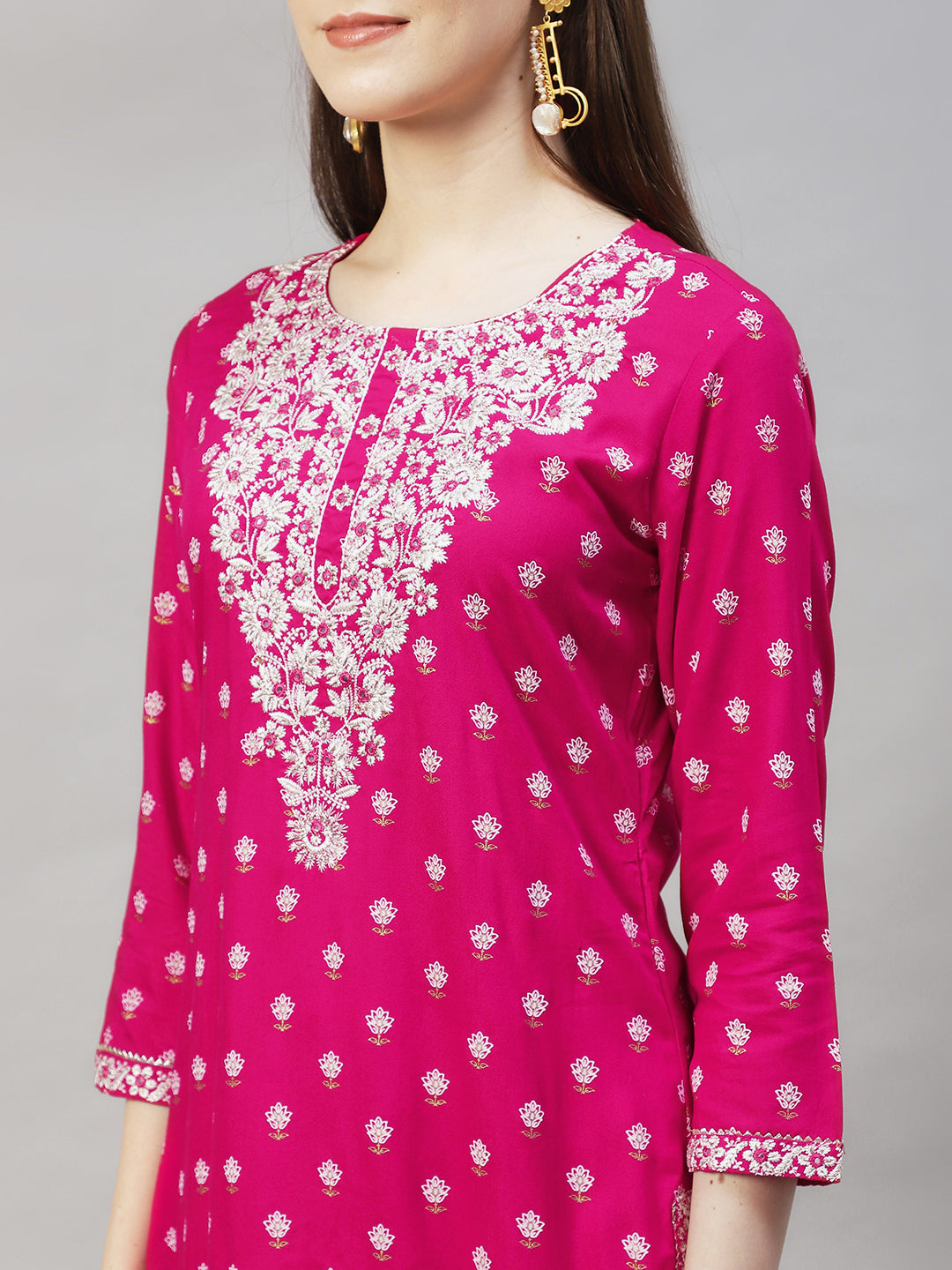 Floral Printed & Embroidered Straight Kurta with Pants & Dupatta - Rani Pink