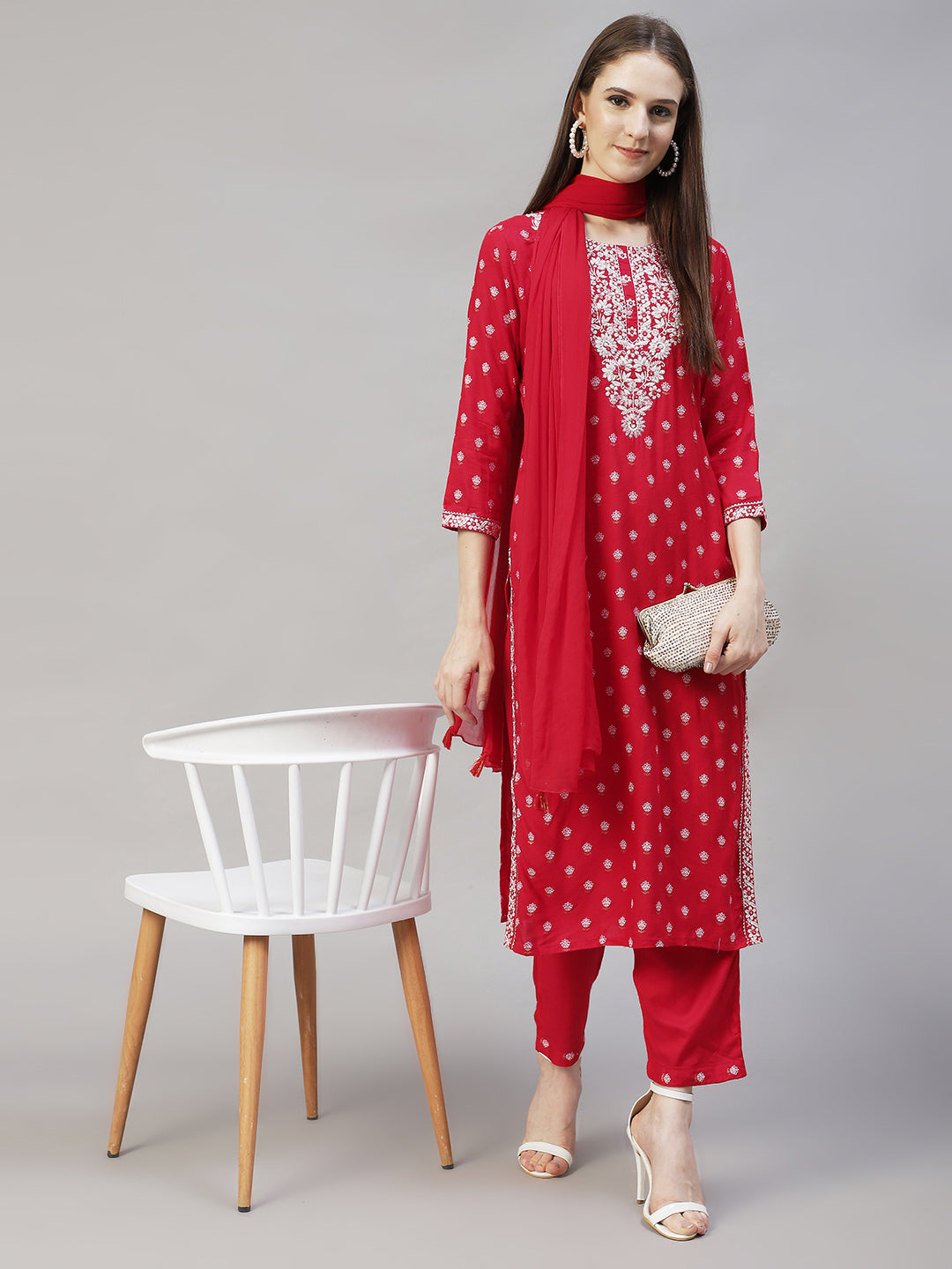 Floral Printed & Embroidered Straight Kurta with Pants & Dupatta - Red