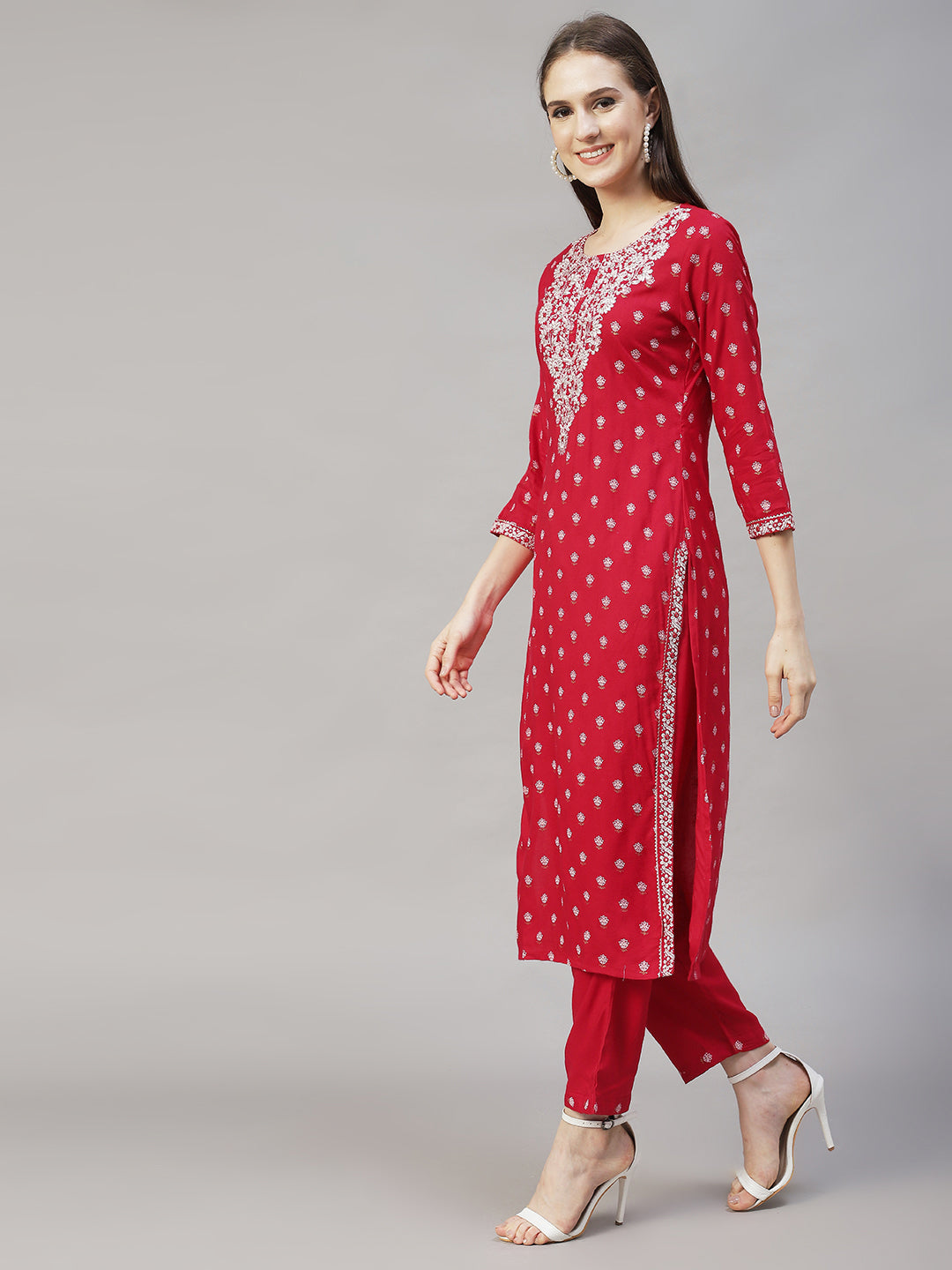 Floral Printed & Embroidered Straight Kurta with Pants & Dupatta - Red