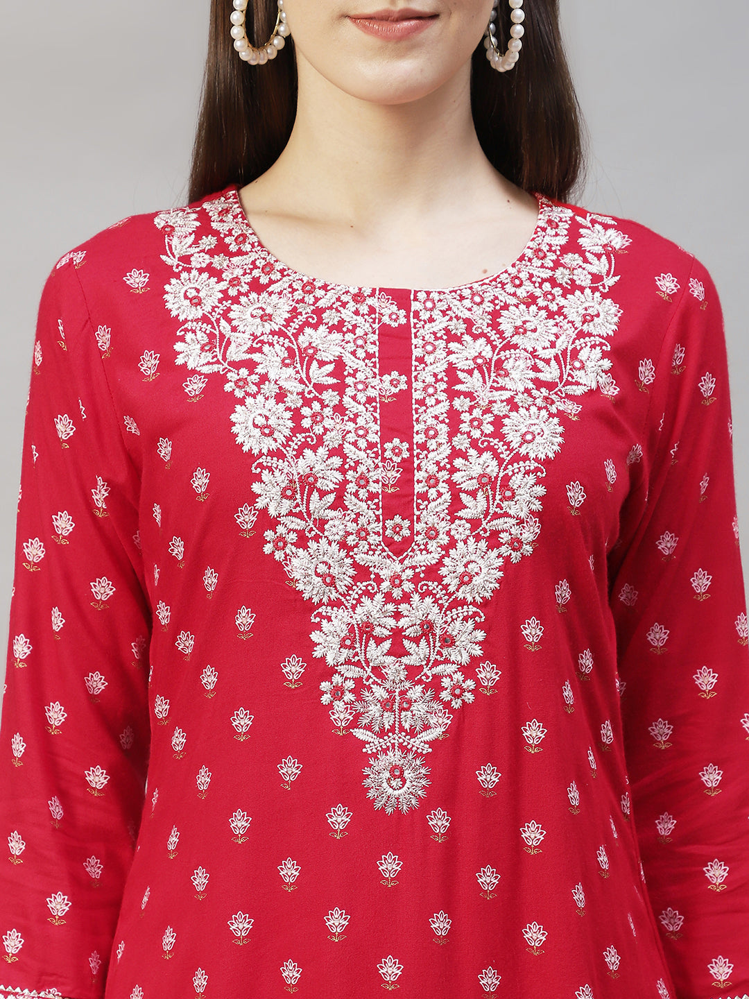 Floral Printed & Embroidered Straight Kurta with Pants & Dupatta - Red