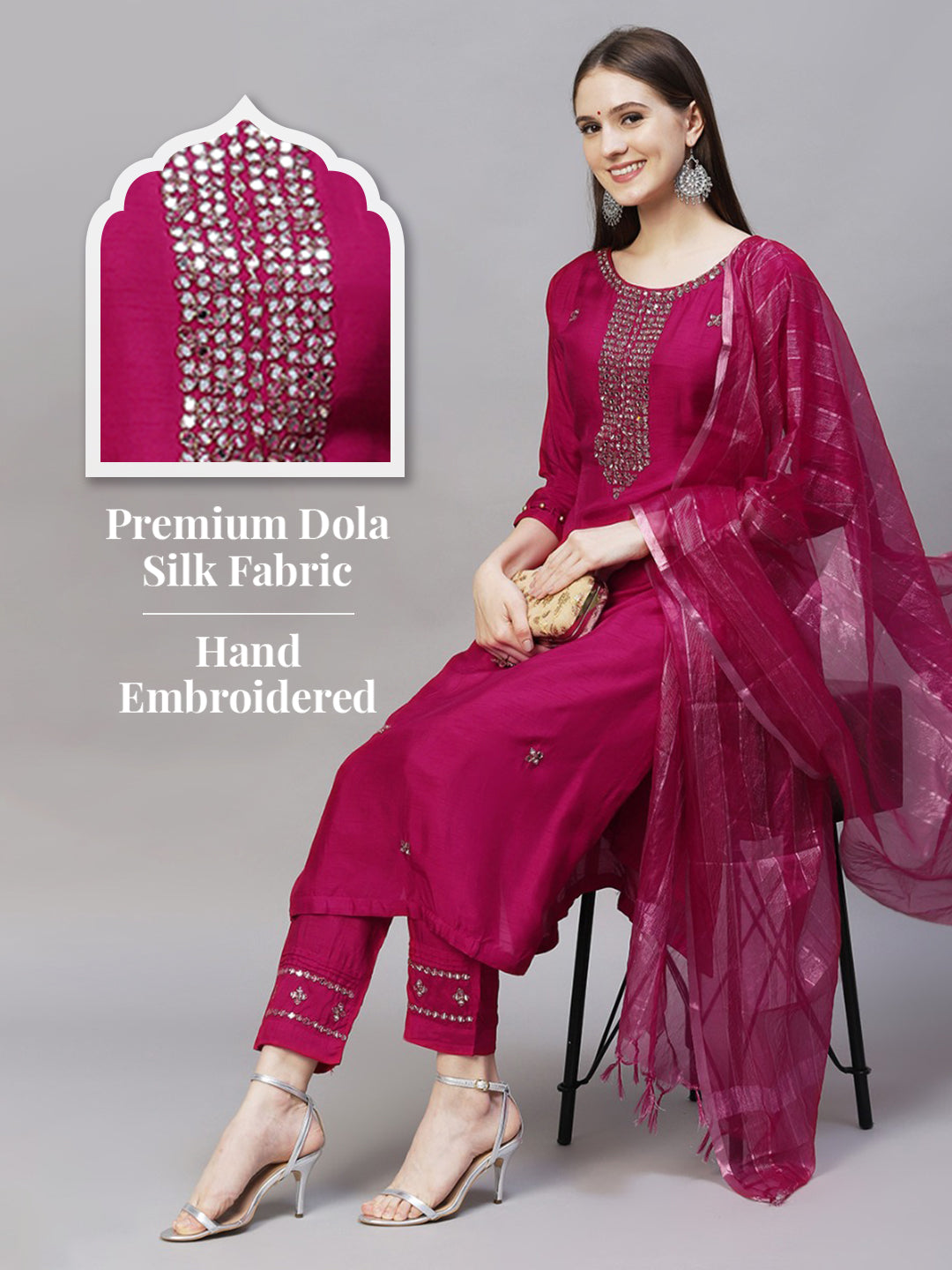 Ethnic Hand Embroidered Straight Kurta with Pants & Dupatta - Magenta Pink