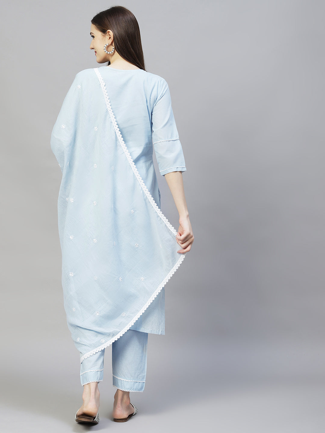Ethnic Embroidered Straight Kurta with Pants & Dupatta - Powder Blue