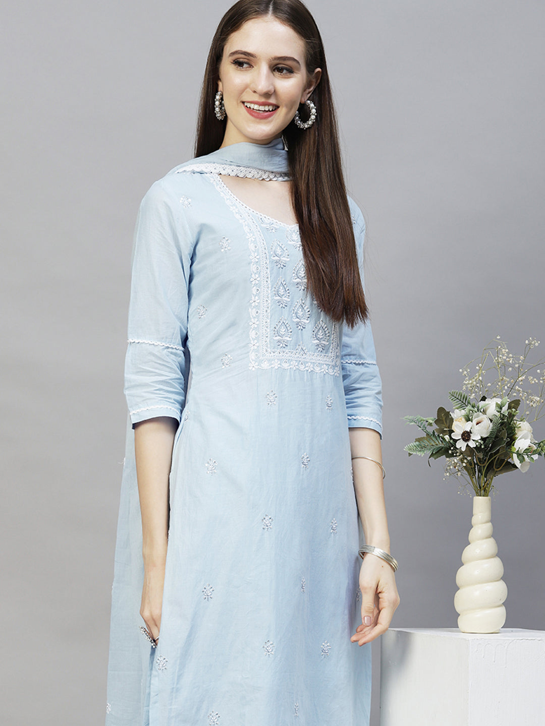Ethnic Embroidered Straight Kurta with Pants & Dupatta - Powder Blue