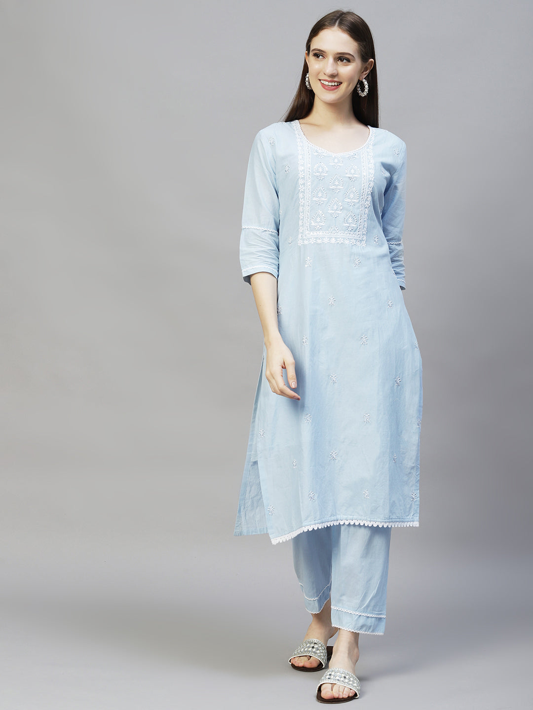 Ethnic Embroidered Straight Kurta with Pants & Dupatta - Powder Blue