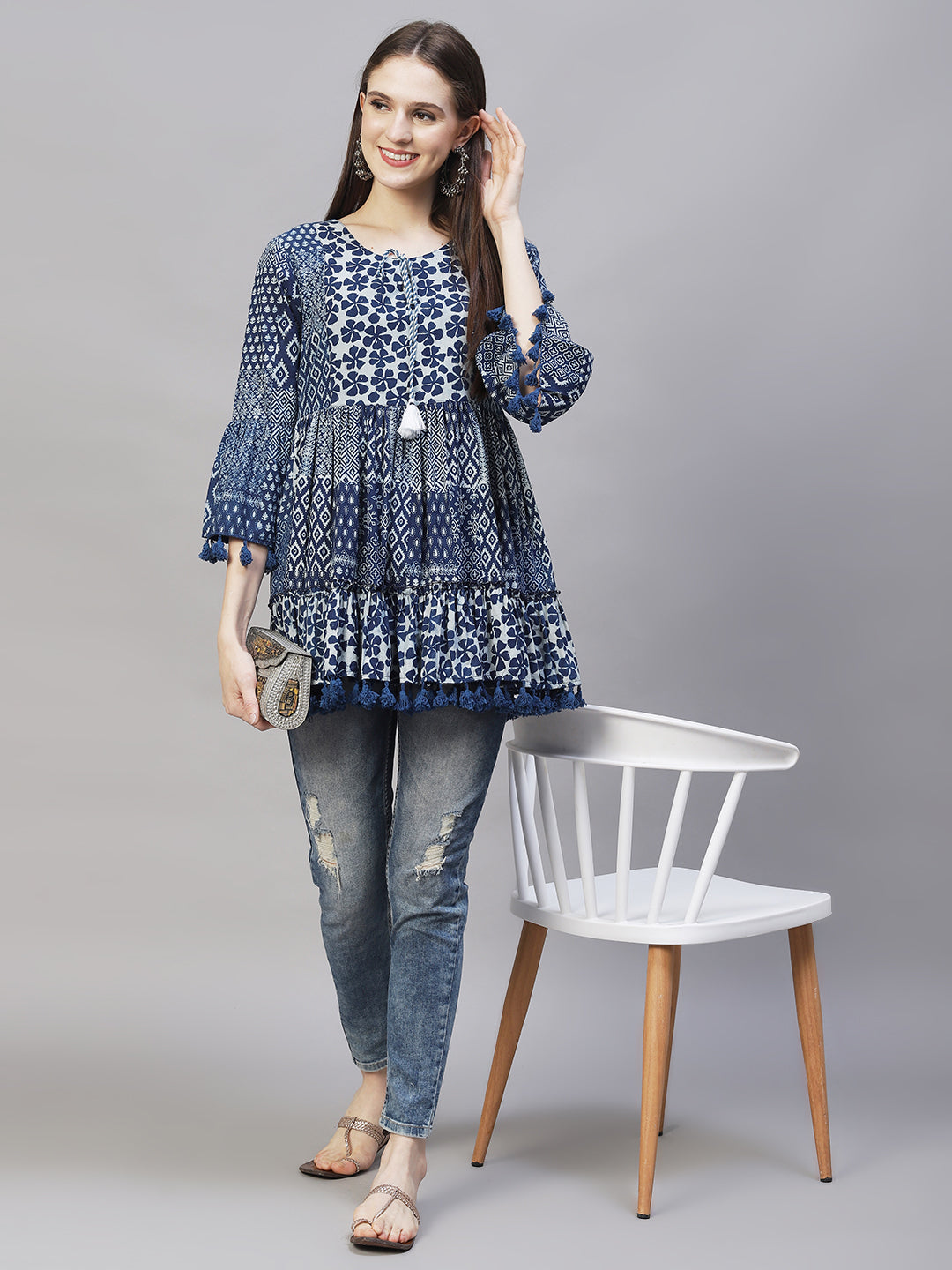 Ethnic Printed Peplum Flare Kurti - Indigo Blue