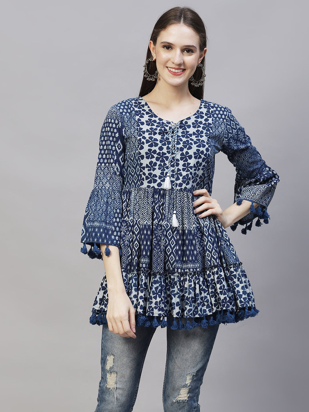 Ethnic Printed Peplum Flare Kurti - Indigo Blue