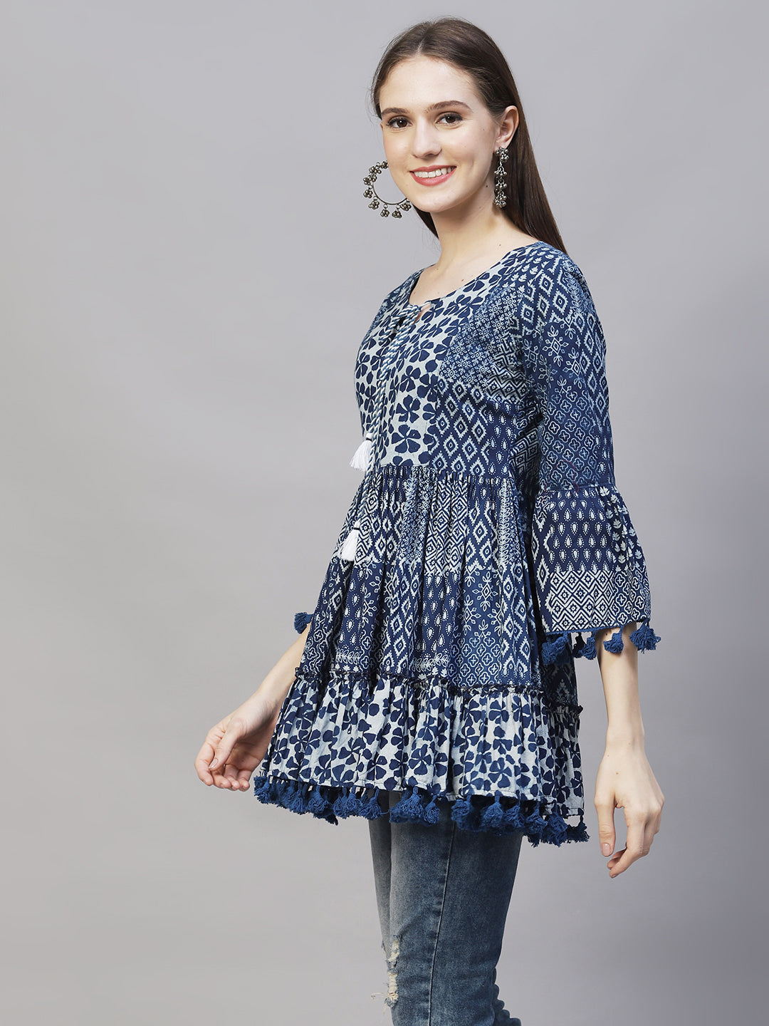 Ethnic Printed Peplum Flare Kurti - Indigo Blue