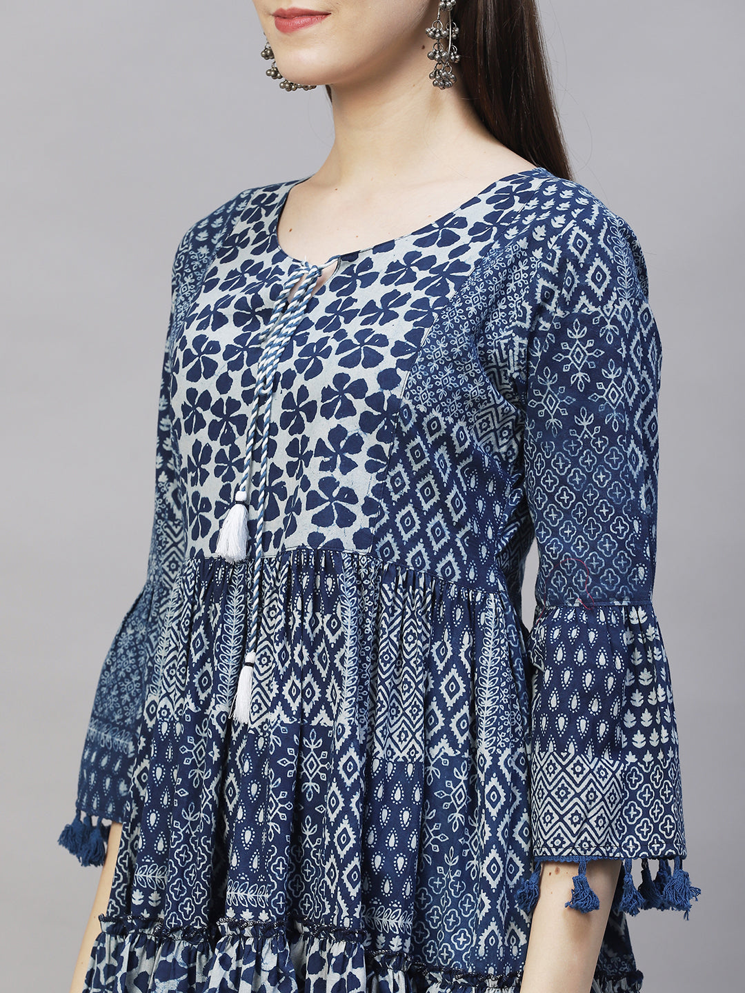 Ethnic Printed Peplum Flare Kurti - Indigo Blue