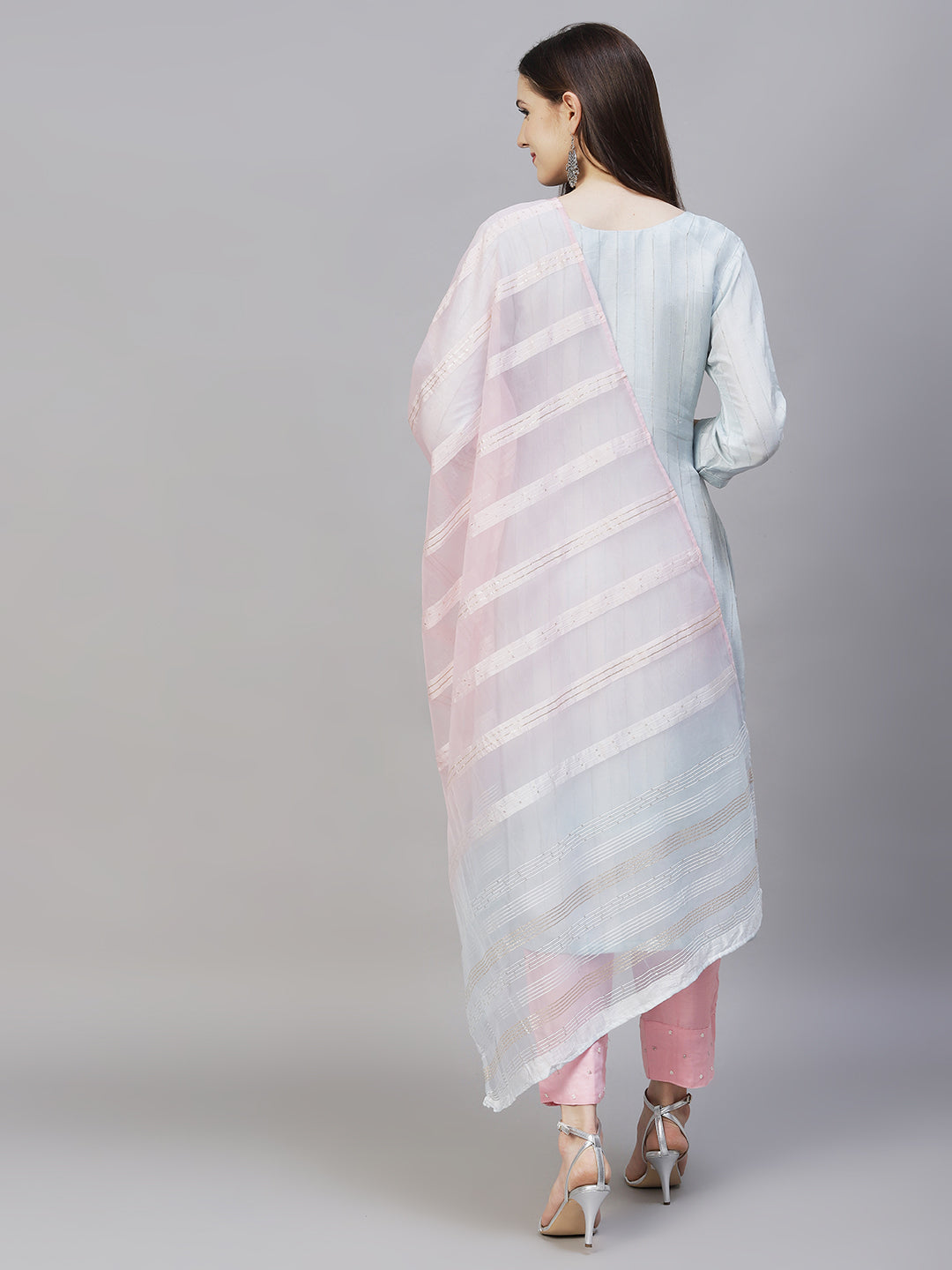 Ethnic Hand Embroidered Kurta with Pants & Dupatta - Powder Blue