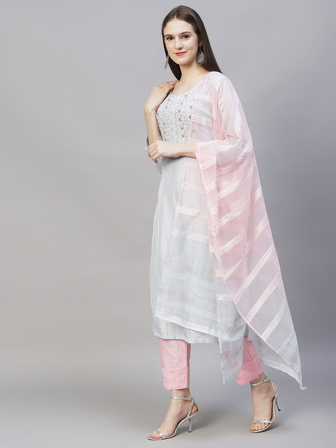 Ethnic Hand Embroidered Kurta with Pants & Dupatta - Powder Blue